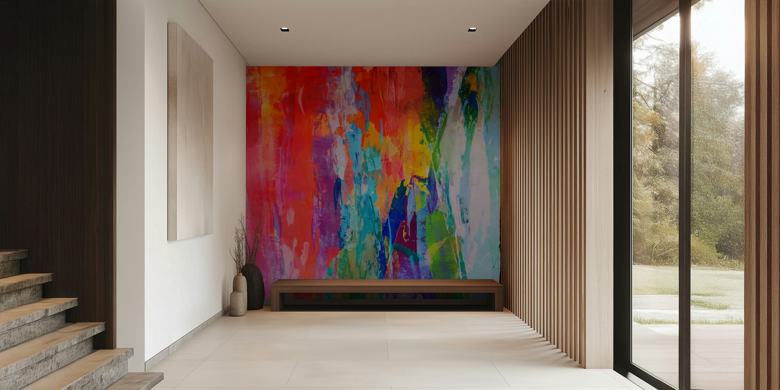 Vibrant abstract brush strokes in pink, blue, green, and orange wallpaper