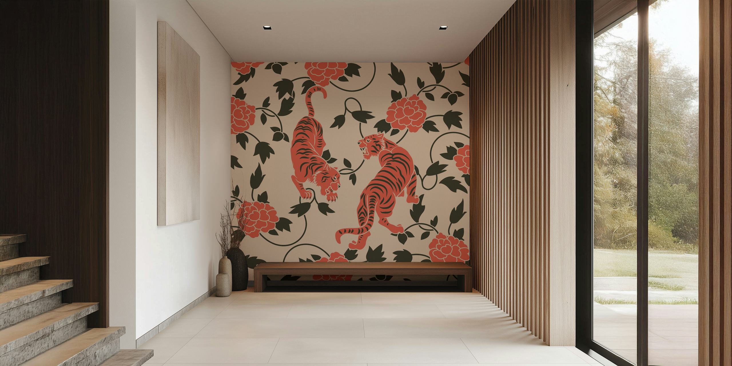 Chinese Vintage Tigers Floral Wallpaper