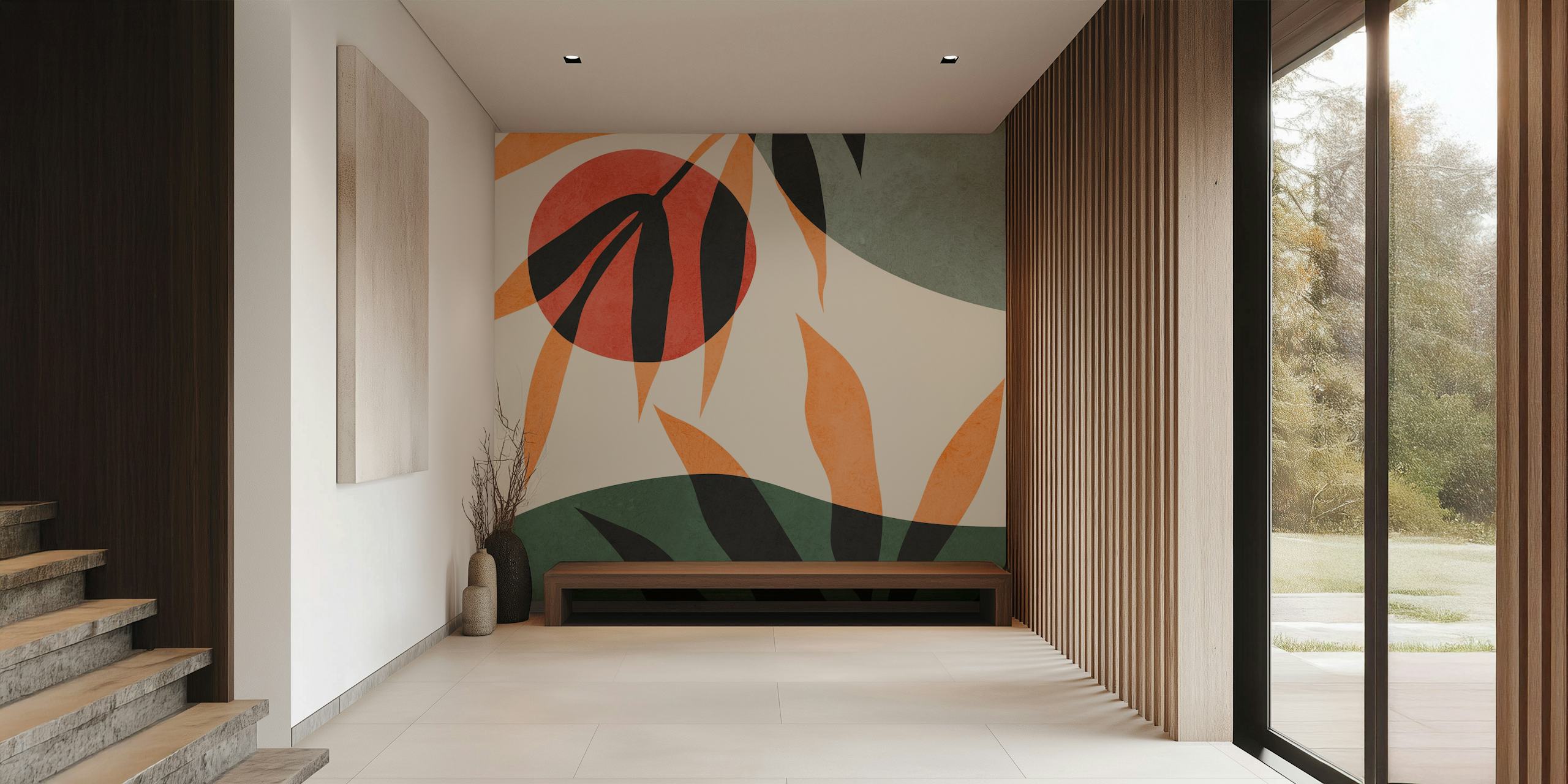 Botanical abstract design with earthy leaves and red circles wallpaper