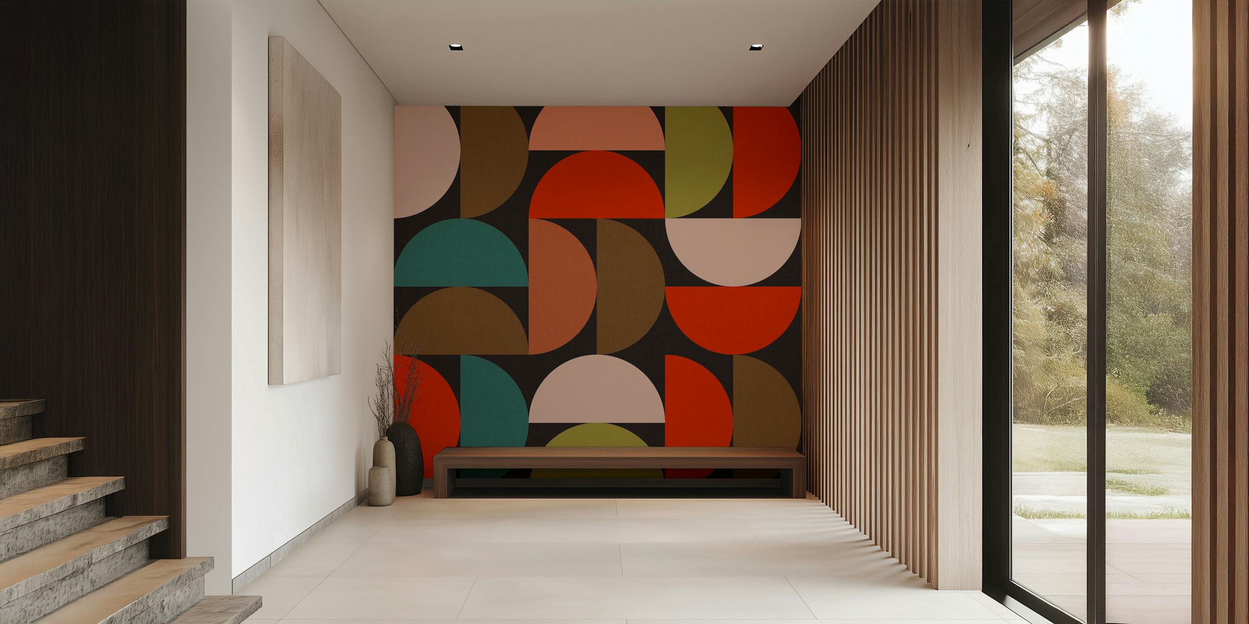 Mid century geometric wallpaper with colorful shapes in teal, orange, green, and peach