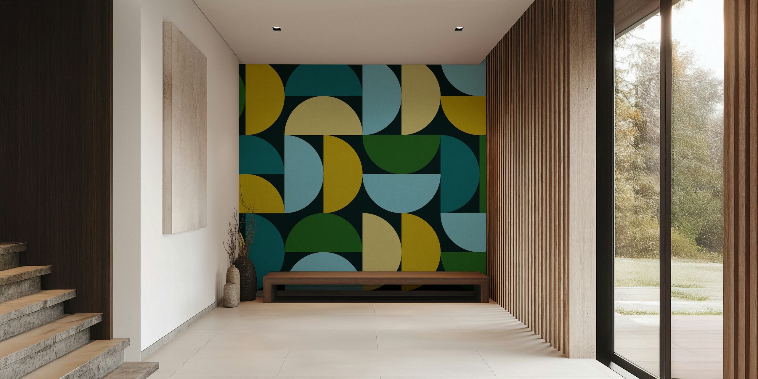 Geometric half-circle pattern in blue, green, yellow on dark background wallpaper