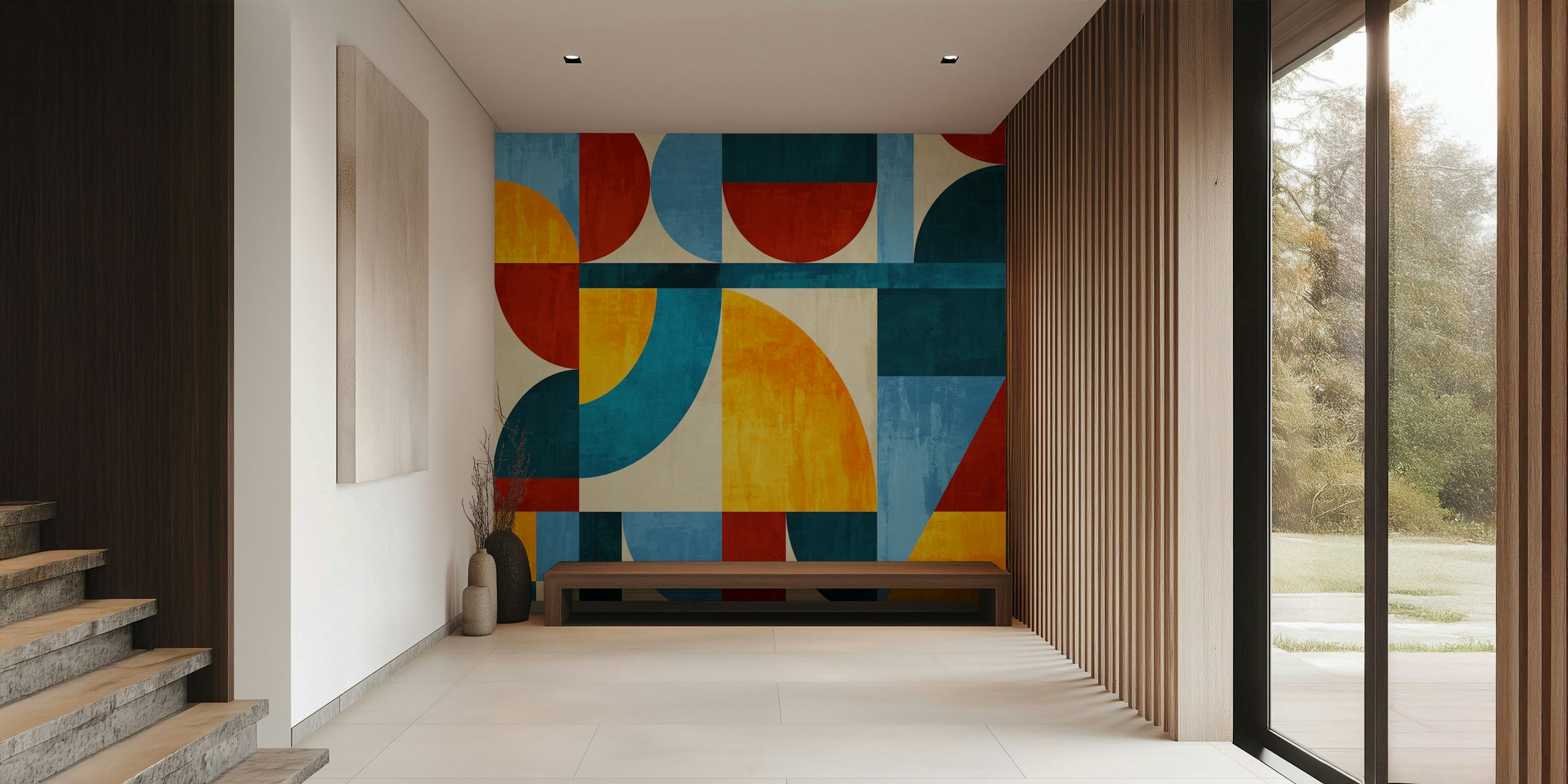 Colorful geometric shapes in red, blue, yellow on a textured background wallpaper