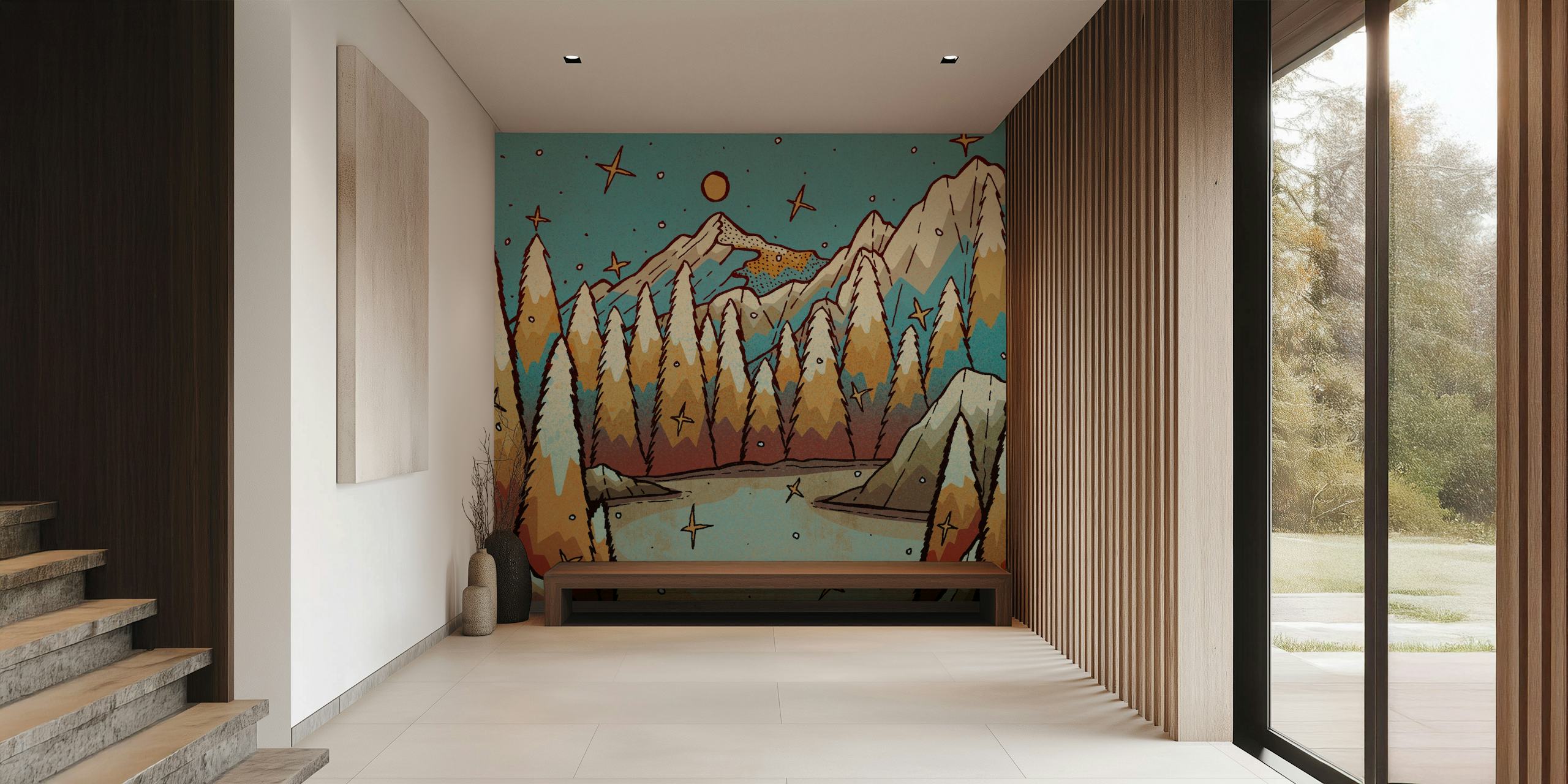 Stylized winter landscape wallpaper with gold trees and blue mountains