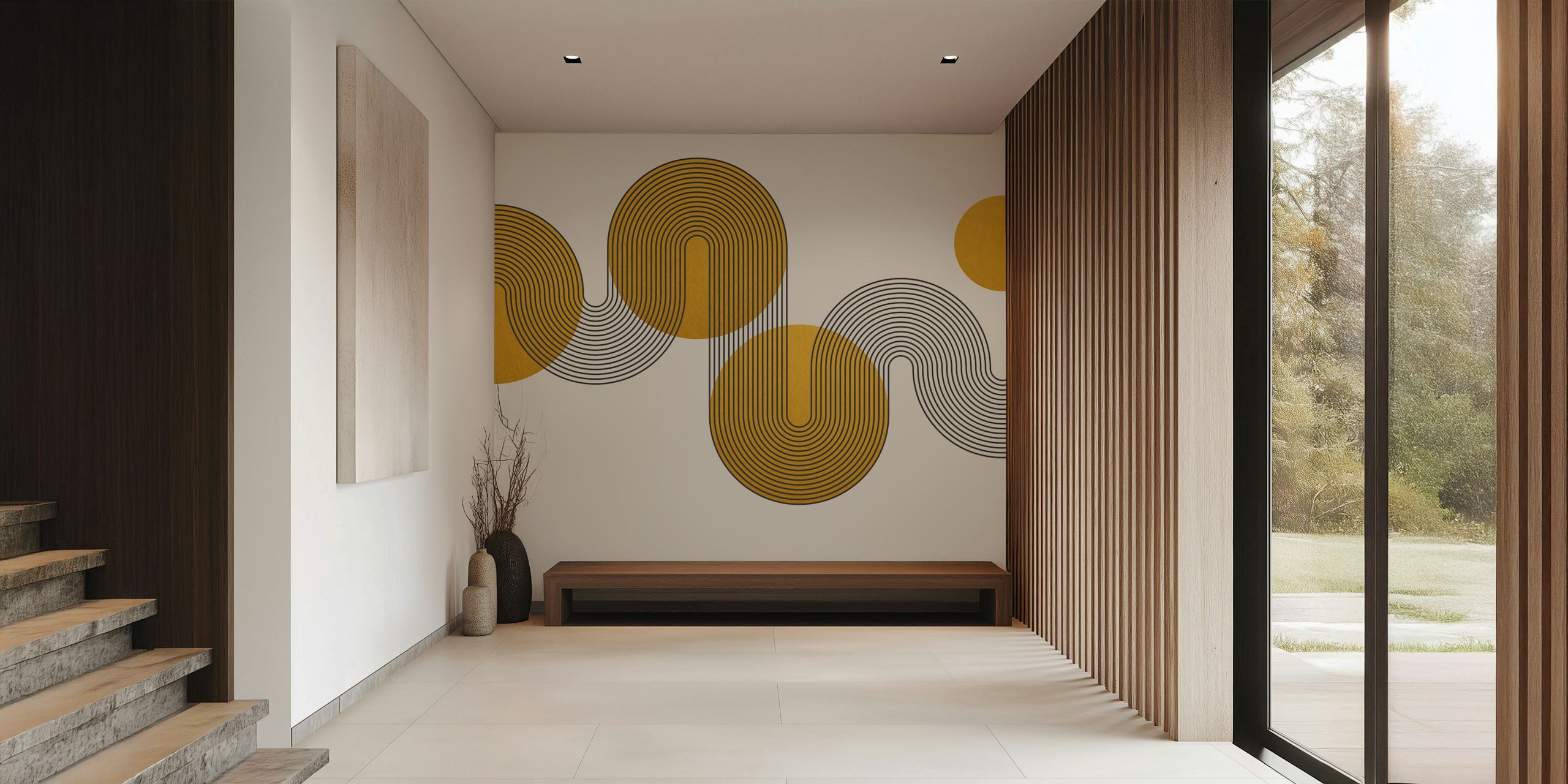 Curvy Bauhaus gold circles with black lines wallpaper