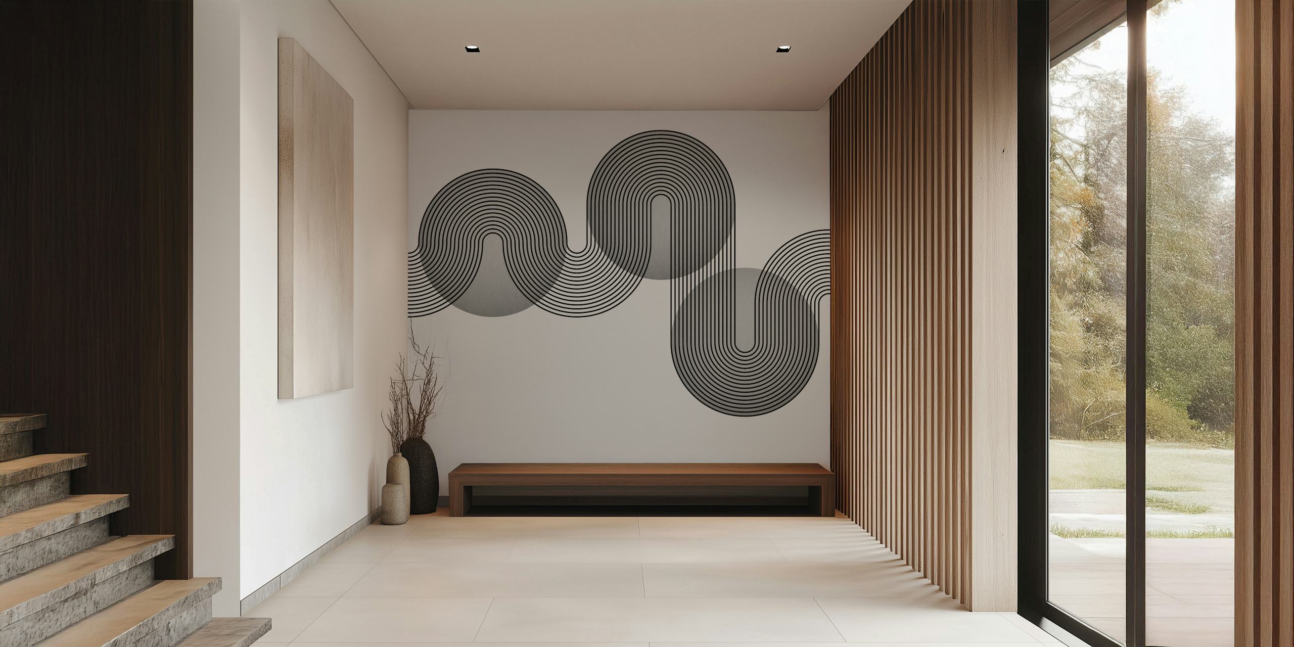 Schwarz-weiße geometrische Tapete mit geschwungenen Linien und Kreisen