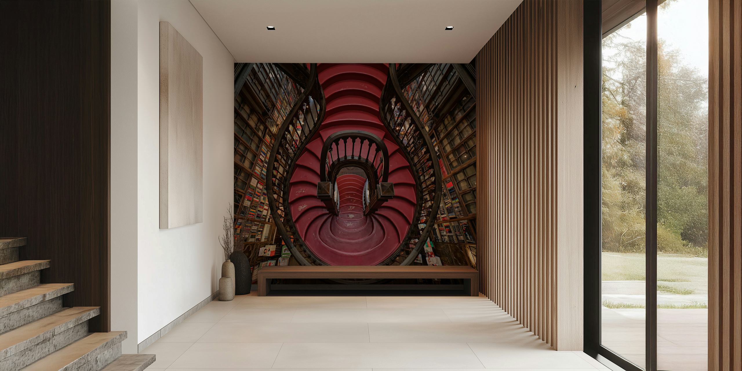 Spiral staircase in rich red hues surrounded by bookshelves wallpaper
