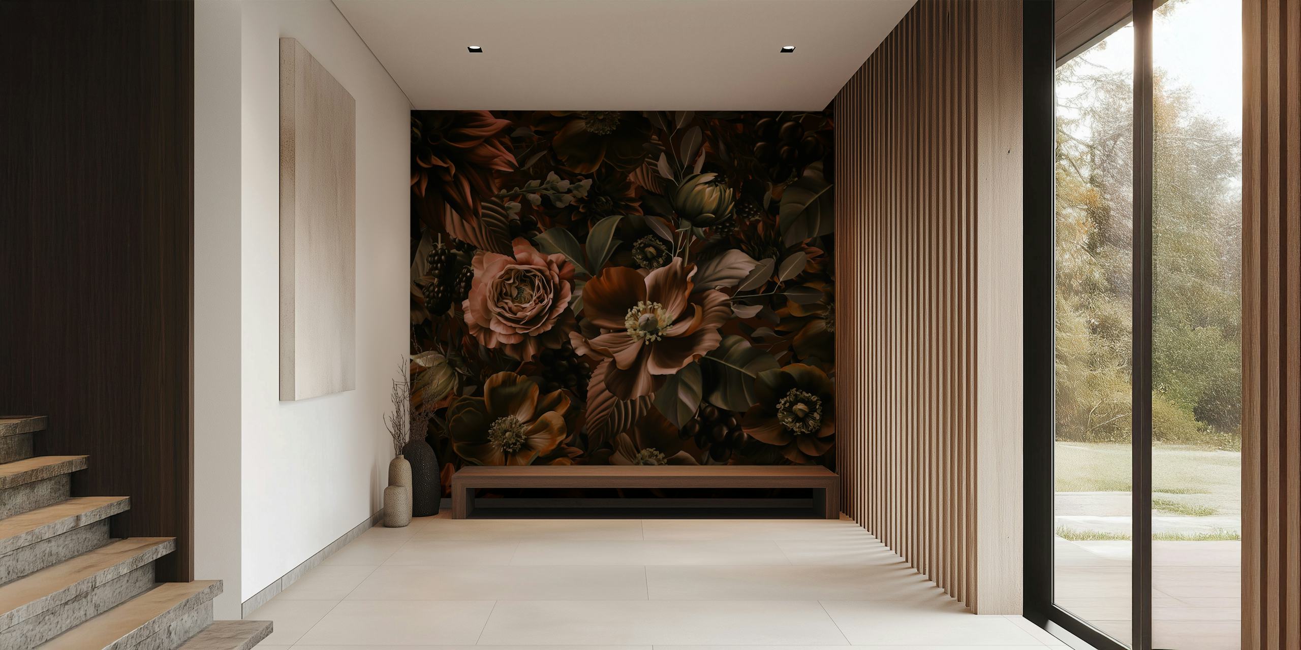 Dark floral pattern with roses and leaves in browns wallpaper