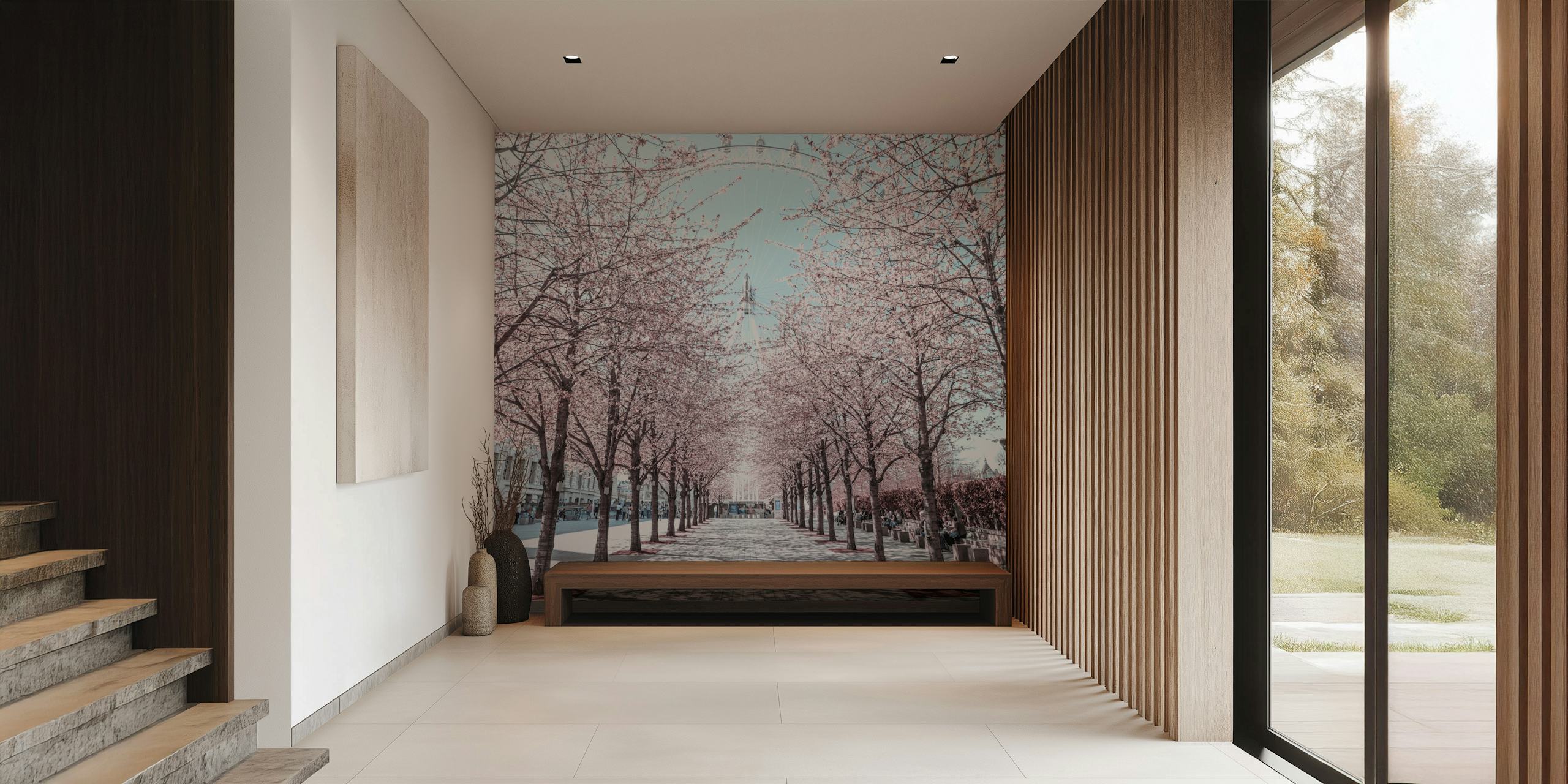 Wall mural of the Millennium Wheel with blossoming trees
