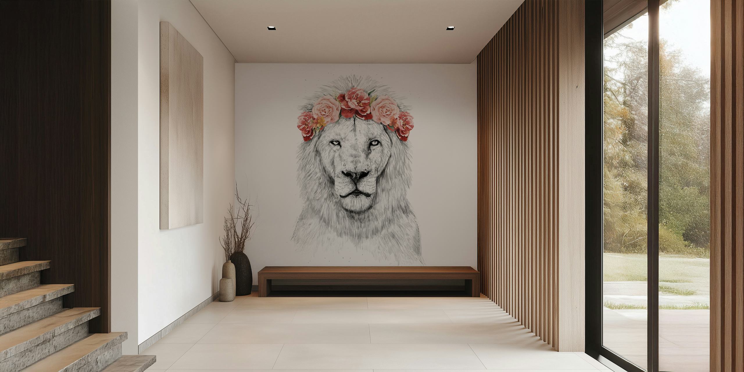 Fotomural vinílico de parede Esboço monocromático de um leão com coroa floral