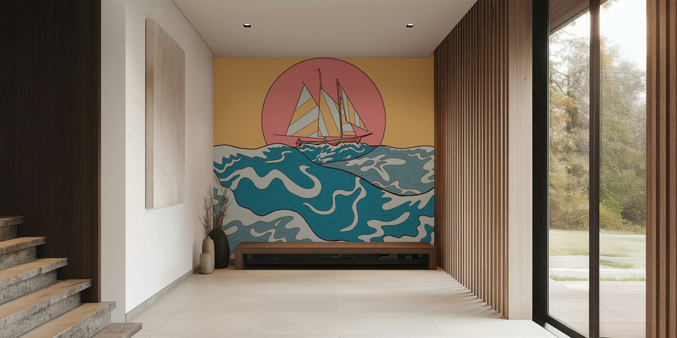 Sailboat on blue waves with pink sun background wallpaper