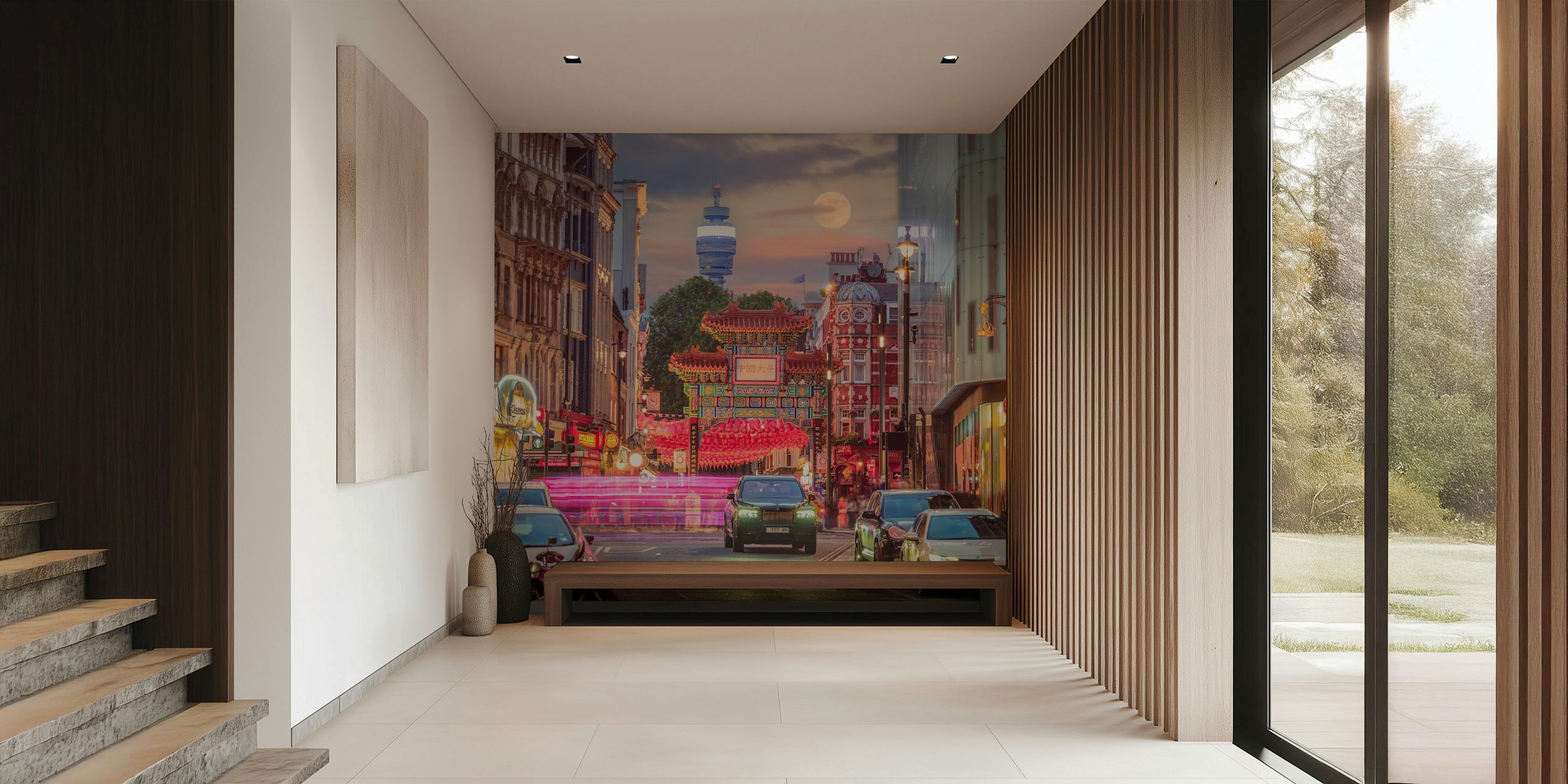 Chinatown street view with sunset and neon lights wall mural