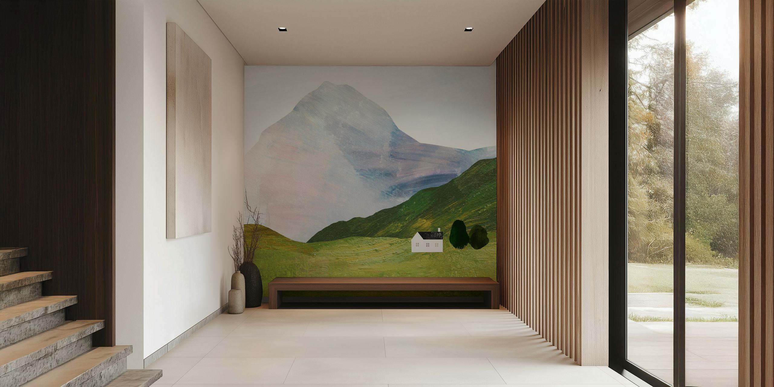 Mountain landscape featuring soft colors and a cabin wallpaper