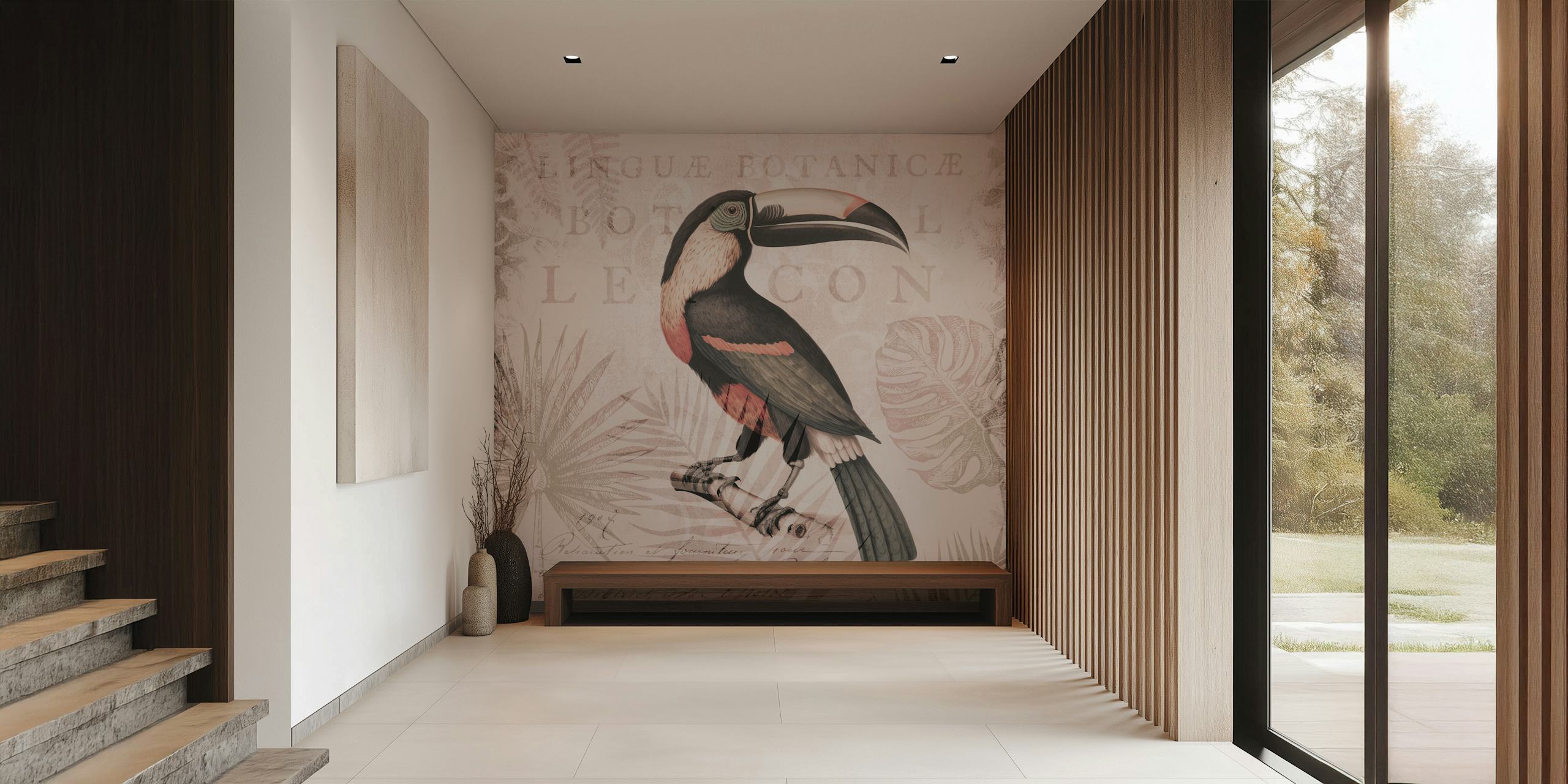 Toucans Tropical Hideaway Blush wallpaper in a room