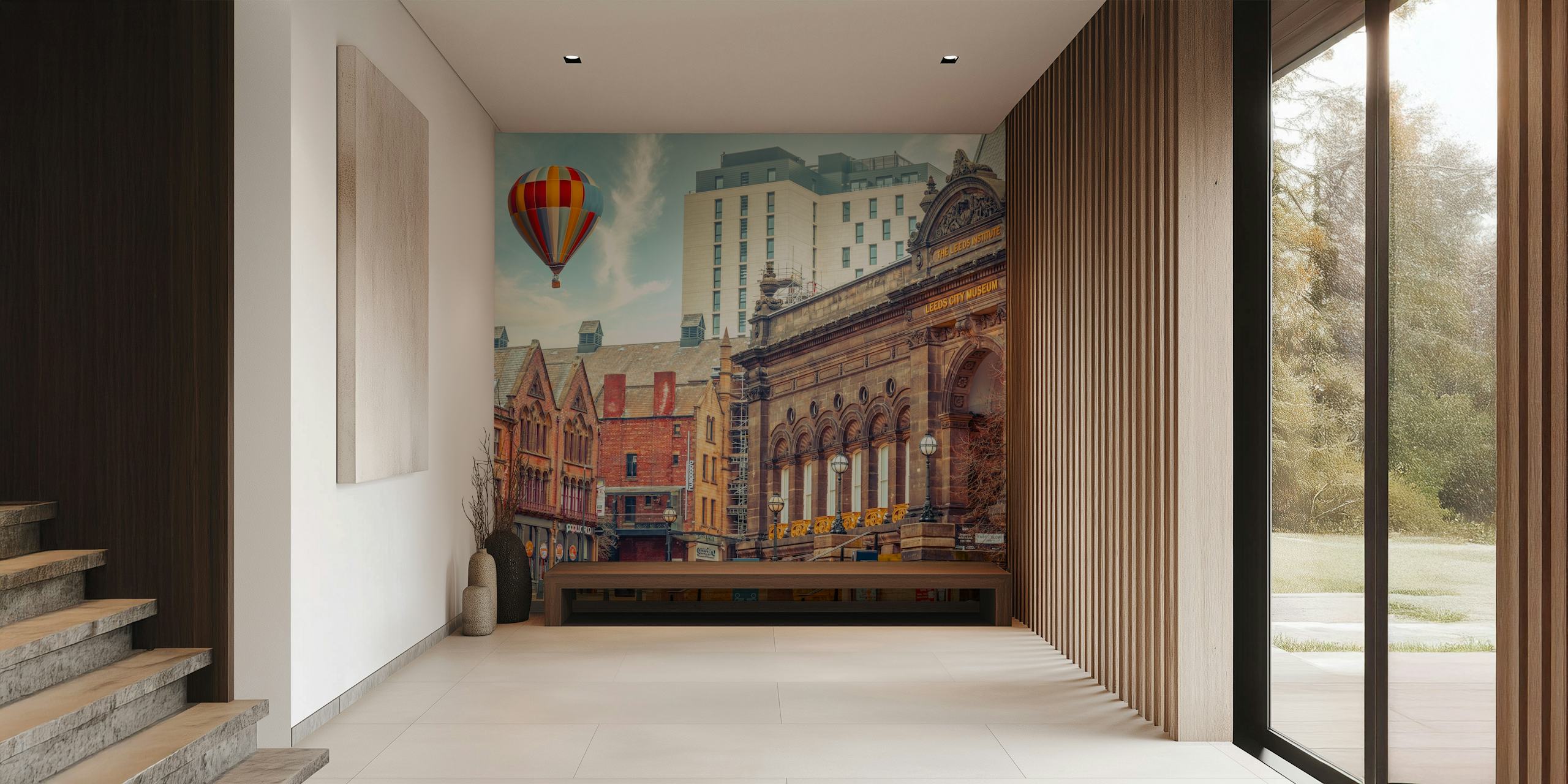 Hot air balloon over urban Leeds wallpaper