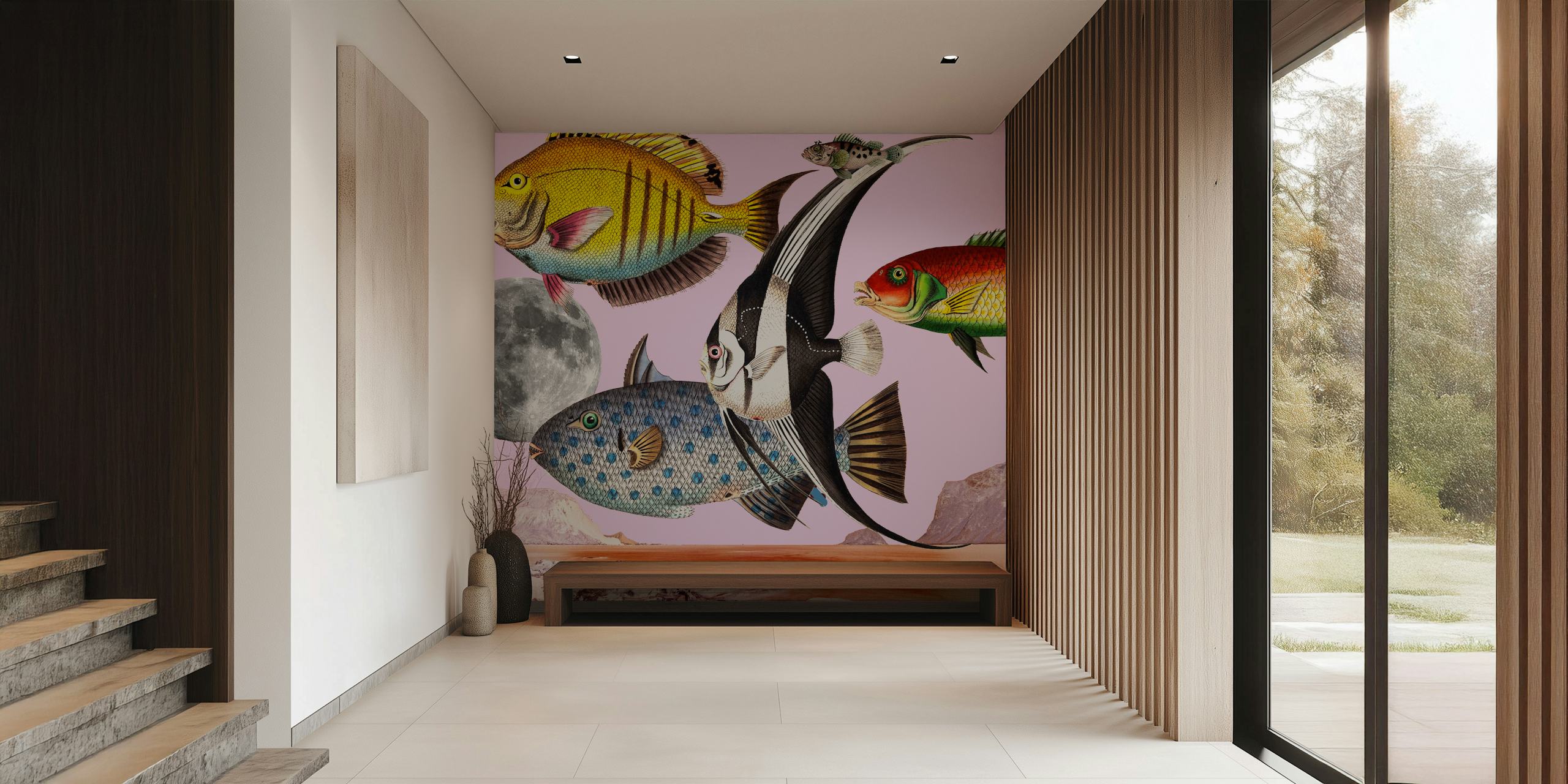 Kolorowa tapeta Fish World Pink w pokoju