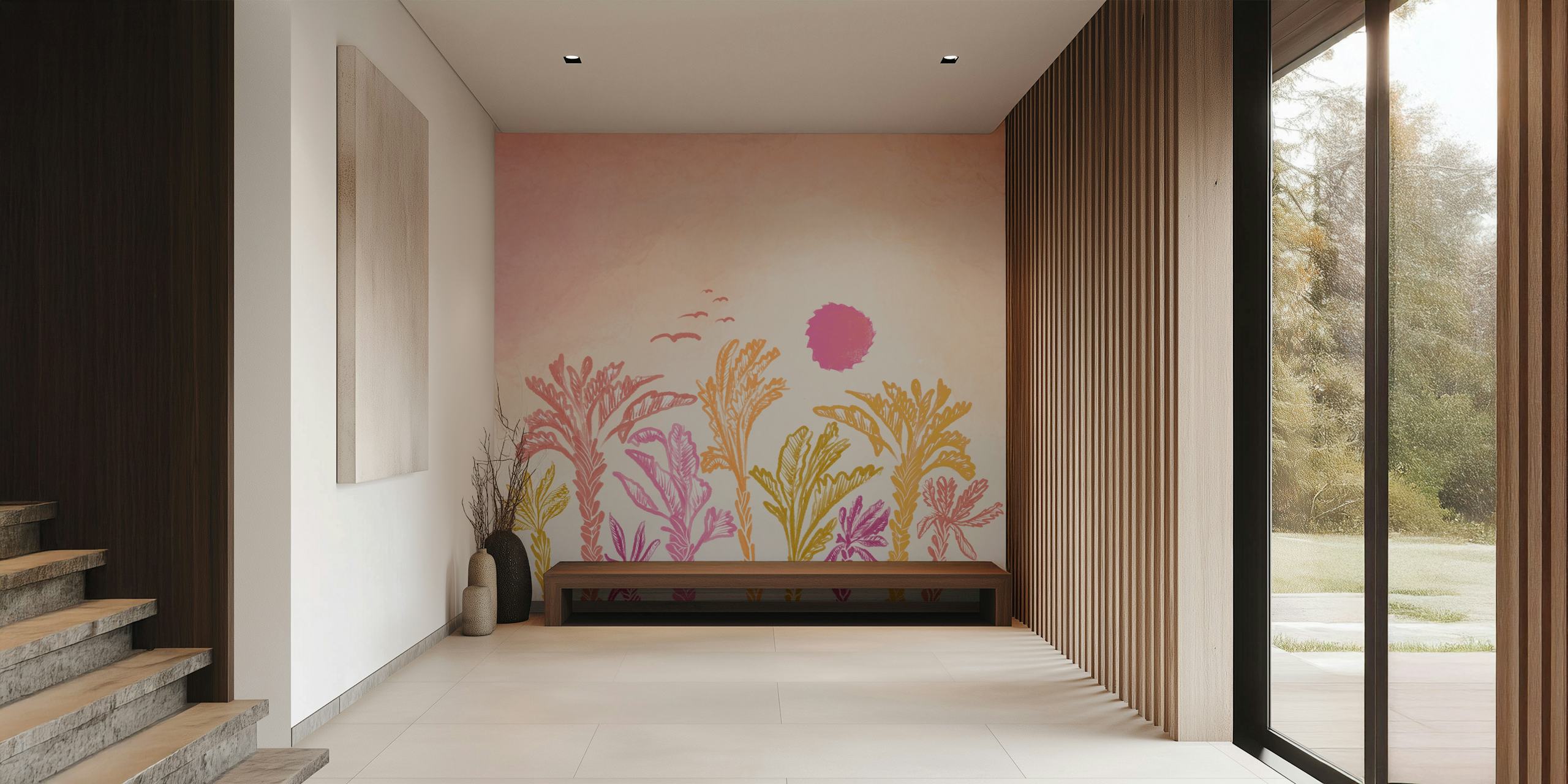 Tropical palm trees in sunset hues of pink, orange, and yellow wallpaper
