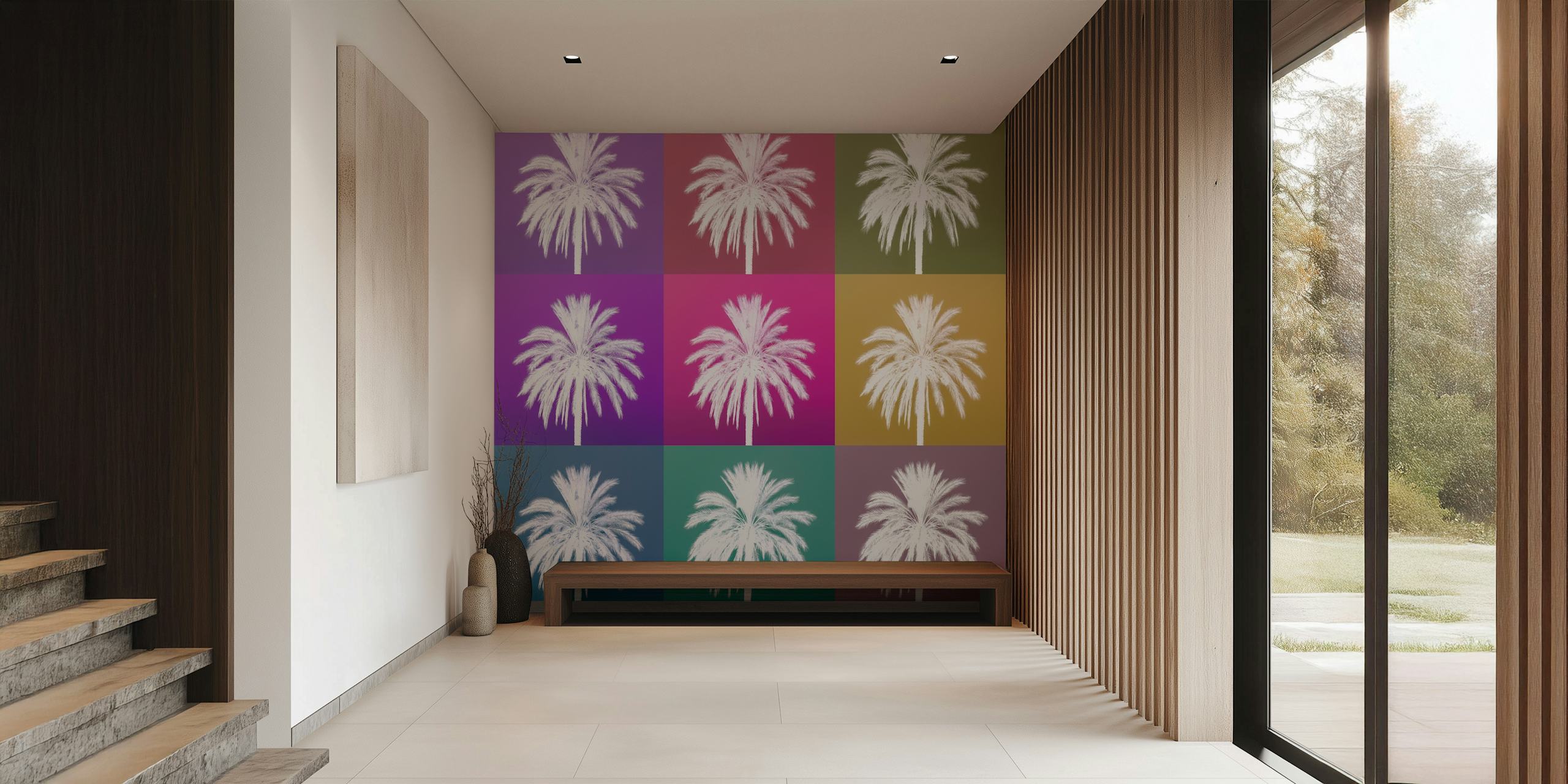 Värikäs Palms-seinämaalaus, jossa on monivärisiä neliönmuotoisia taustoja ja valkoisia palmusiluetteja