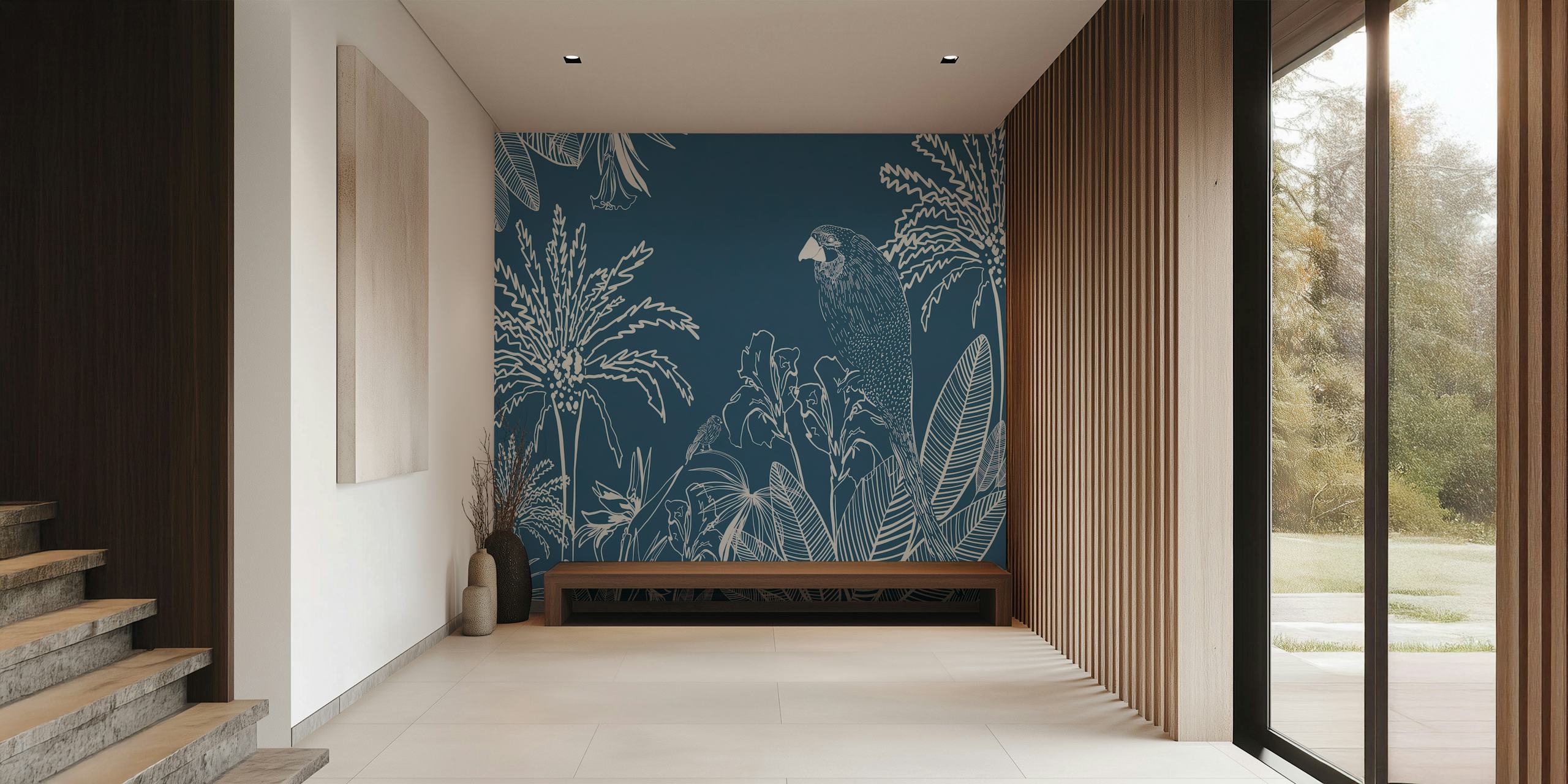Tropisch Macaw-vogelsilhouet op donkerblauwe achtergrond met ingewikkelde botanische details.