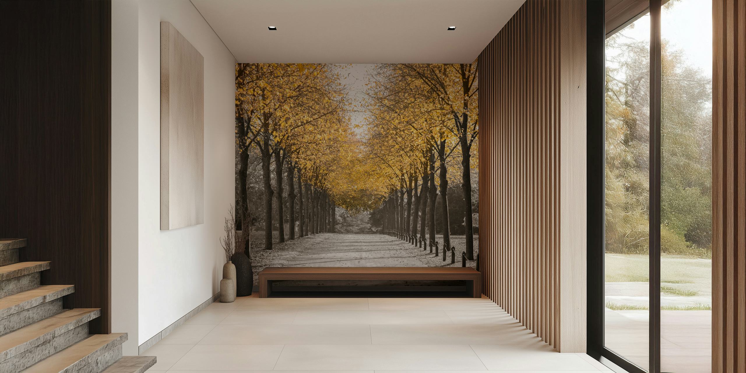 Elegante mural de parede de um caminho arborizado com folhas douradas, em tons monocromáticos e dourados.