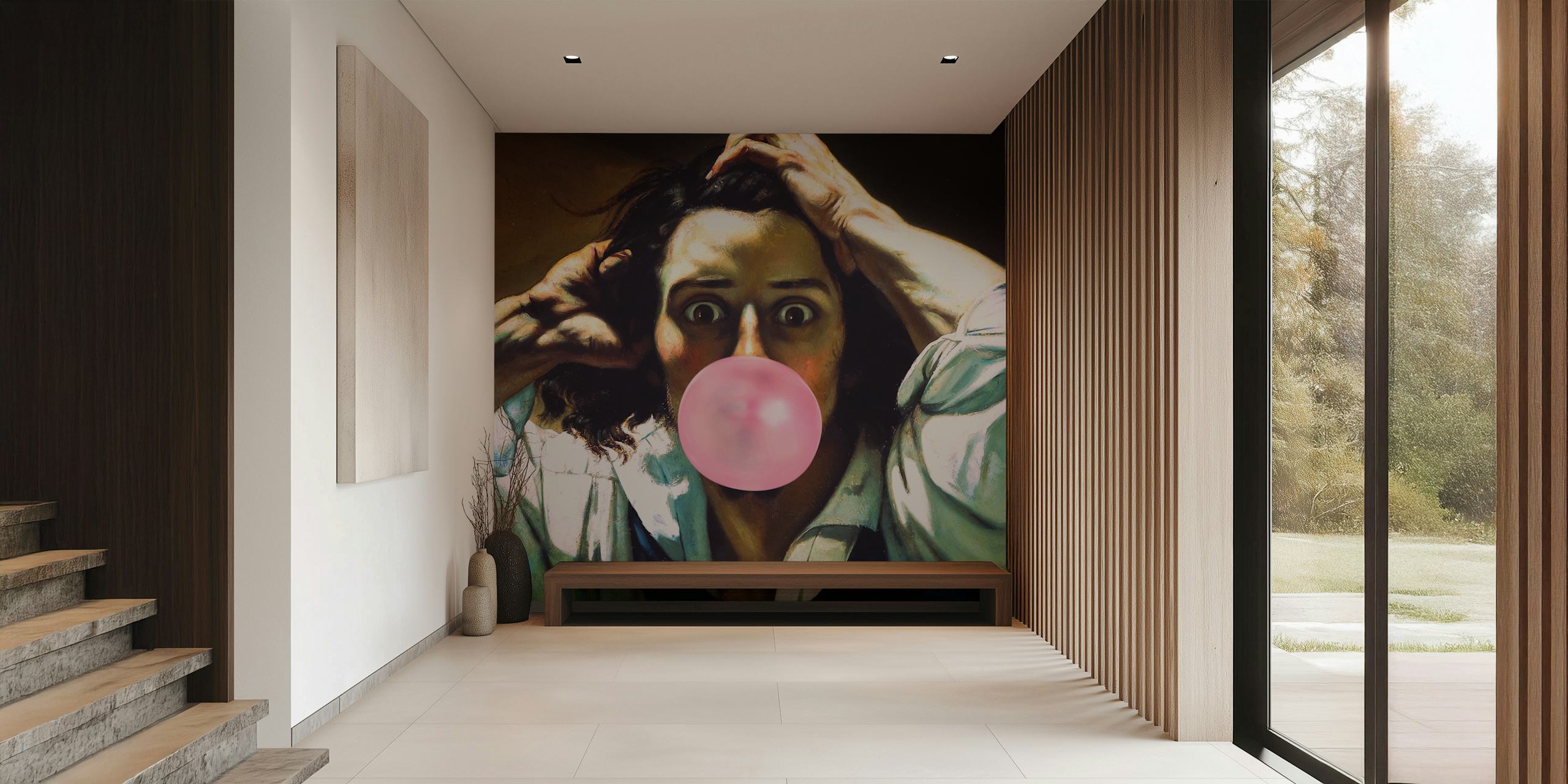 Dramatic figure with shocked expression blowing pink bubble gum wallpaper