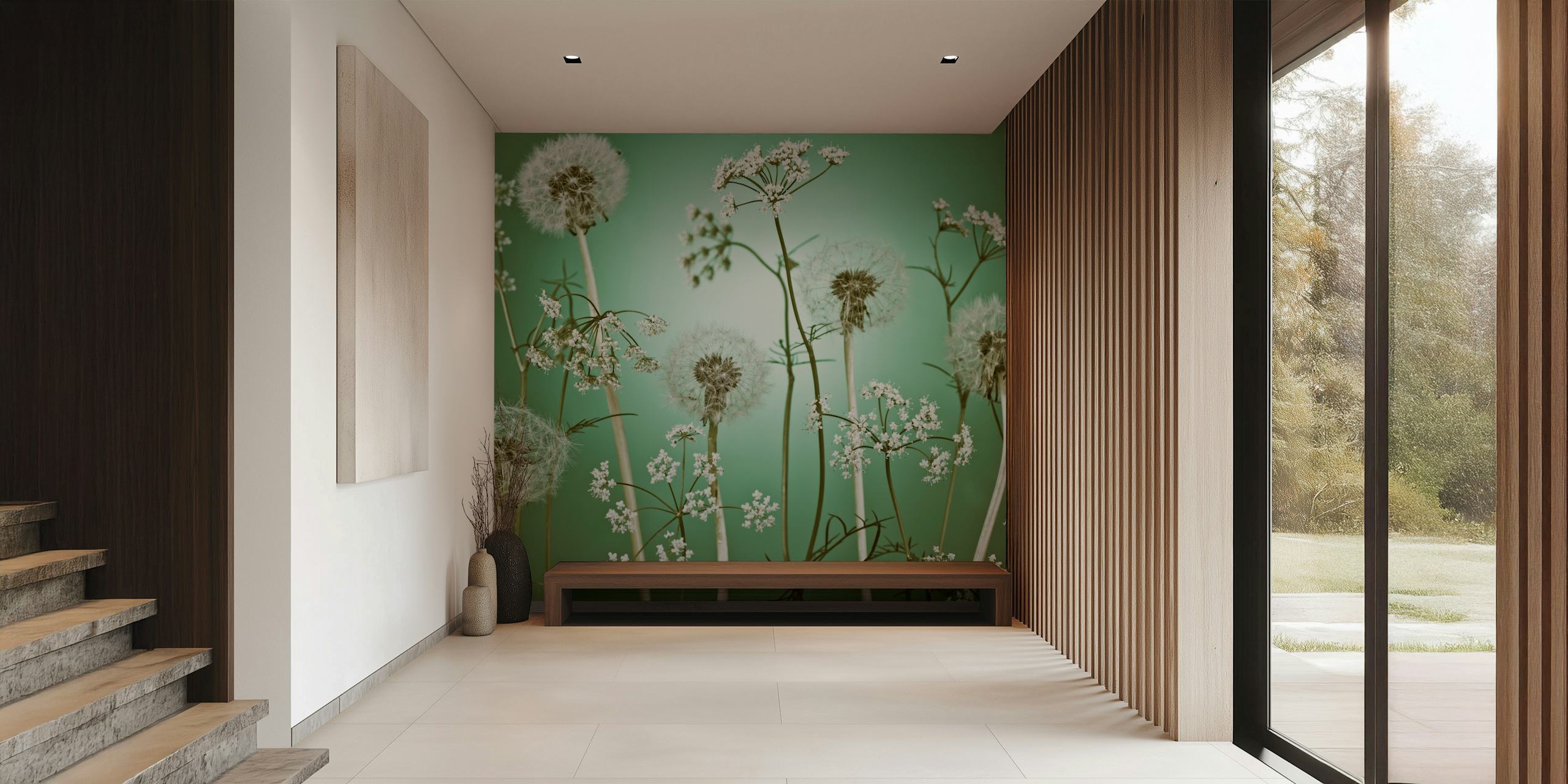Dandelion floral patterns in white on green wallpaper