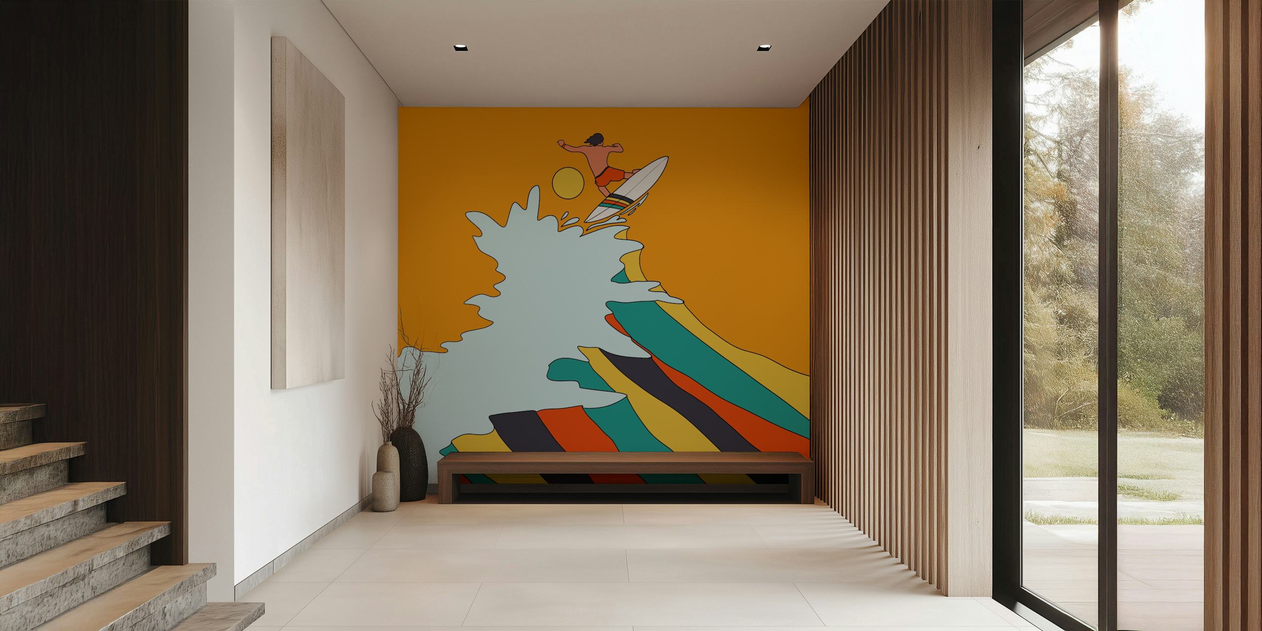 Surfer riding a wave with colorful stripes on orange wallpaper