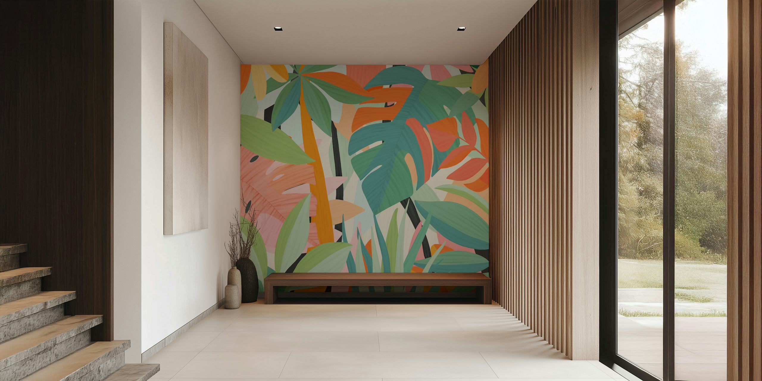 Tropical leaves in pastel colors including green, pink, and orange. Floral wallpaper.