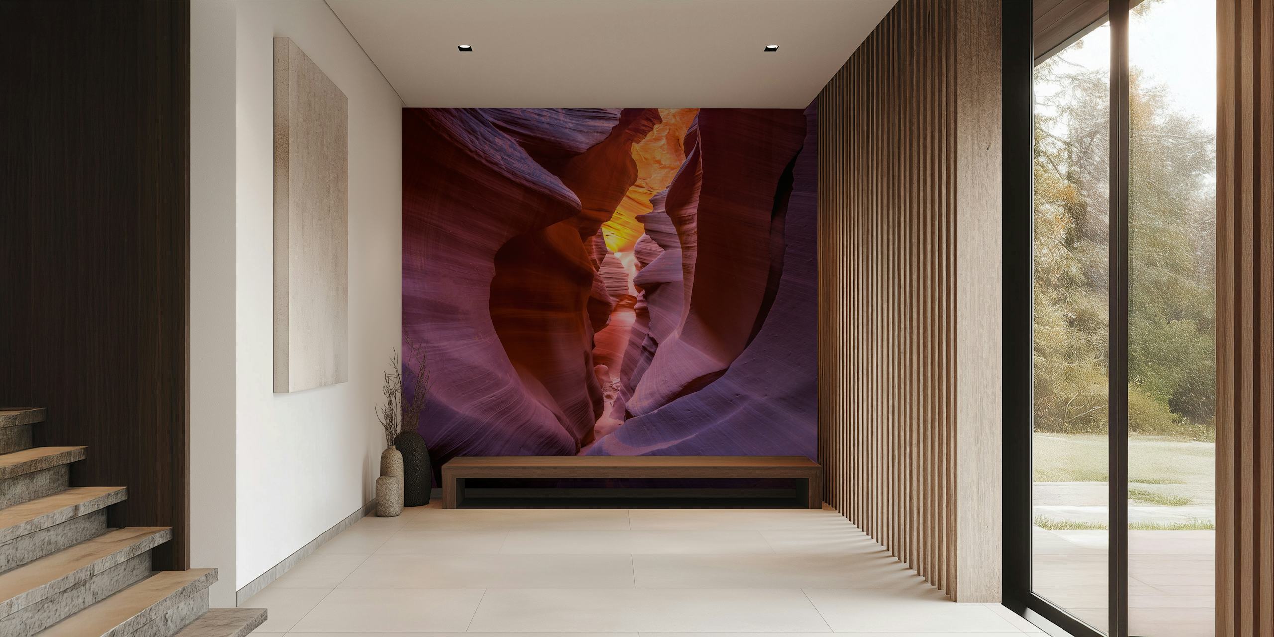 Canyon wall mural with sunlight creating a fire-like glow on rock formations
