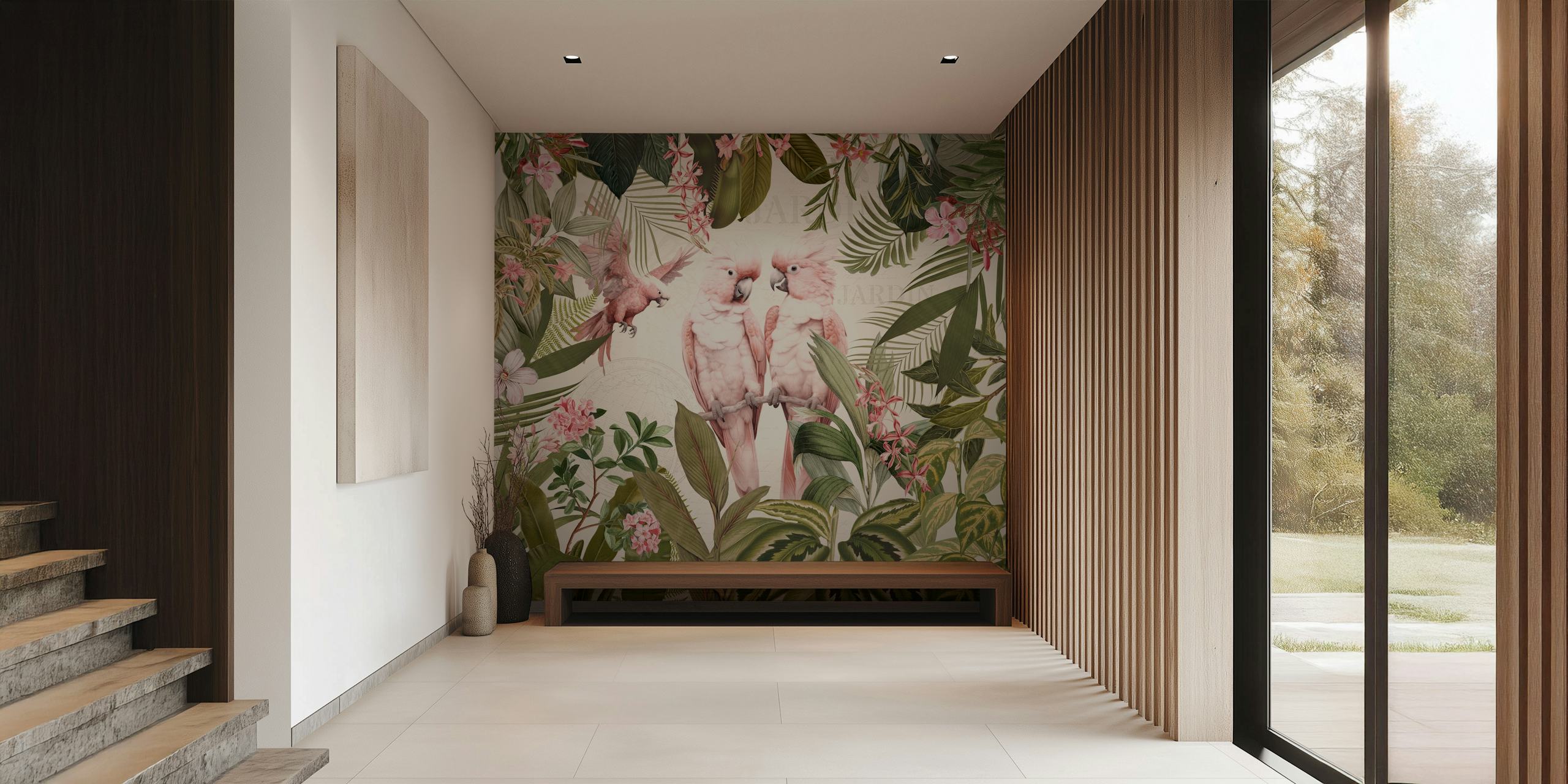 Pink parrots amidst lush green leaves and tropical flowers wallpaper
