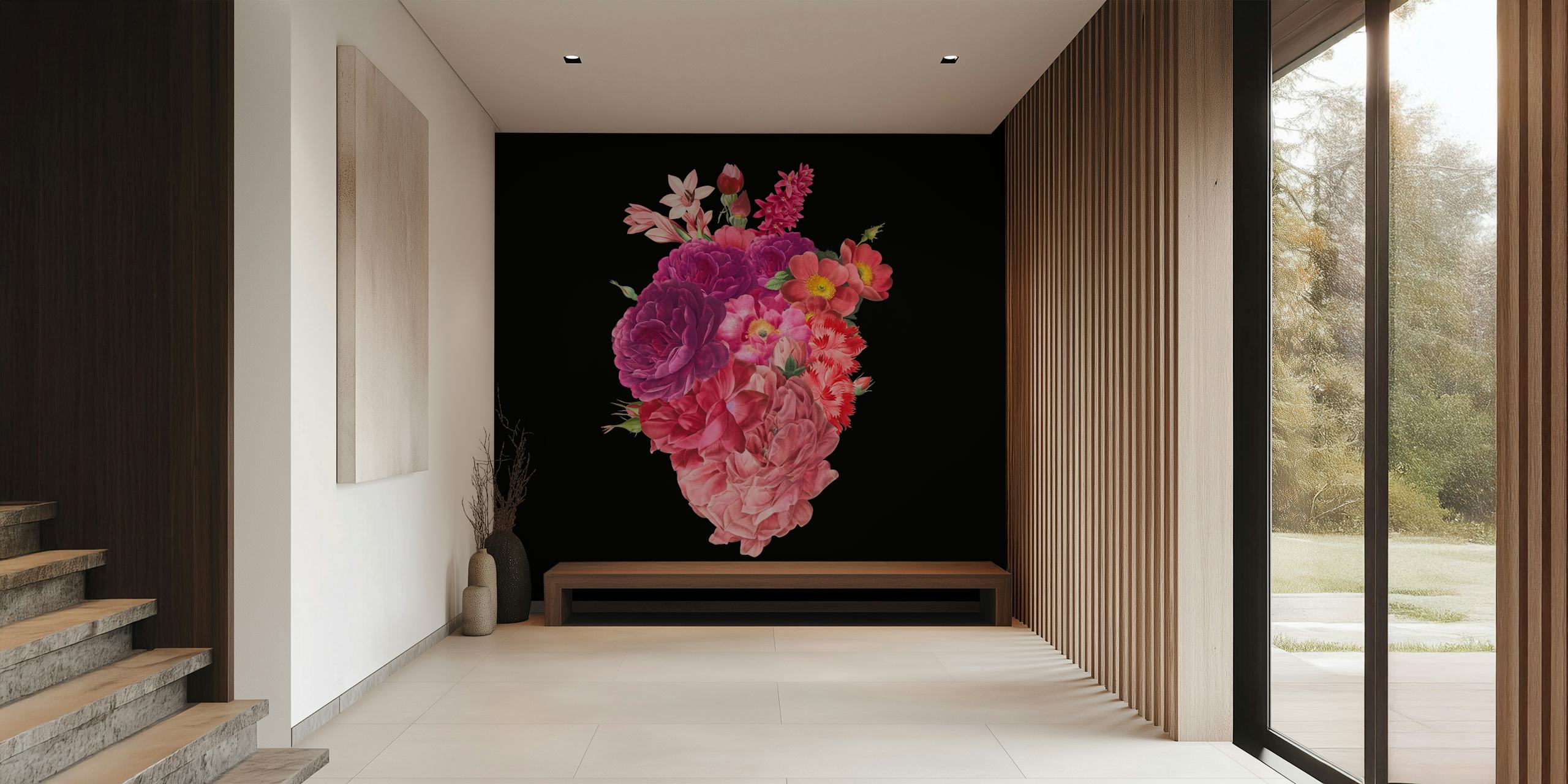 Heart-shaped floral arrangement with pink flowers on black wallpaper