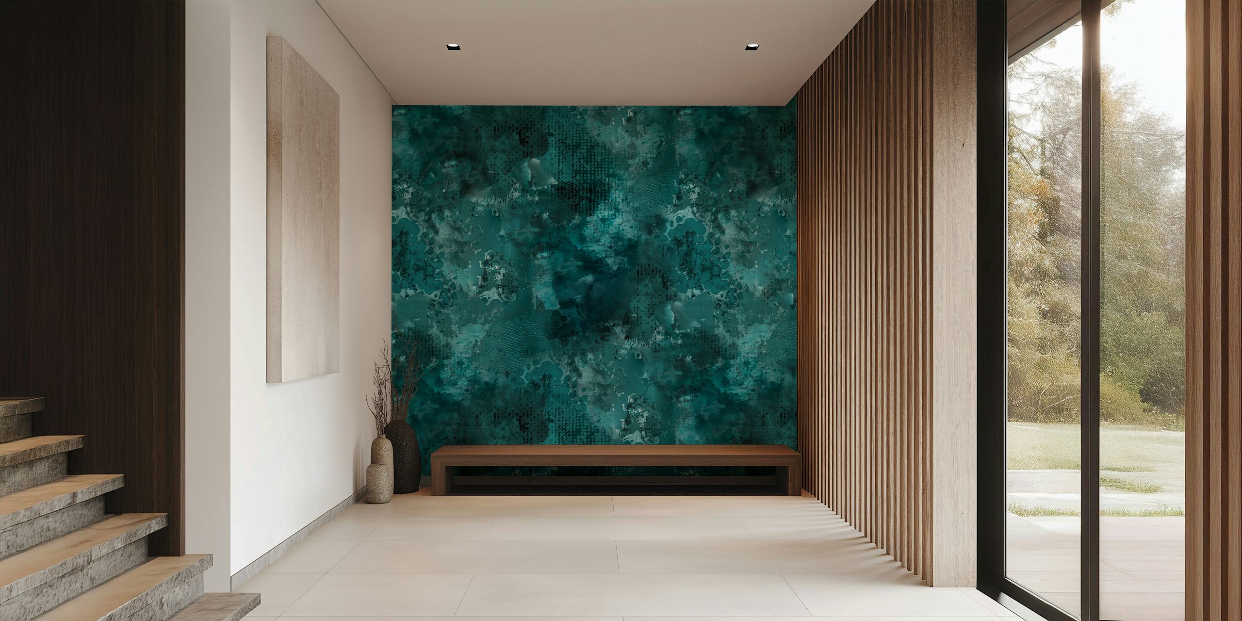 Teal green abstract paint texture wallpaper in a room