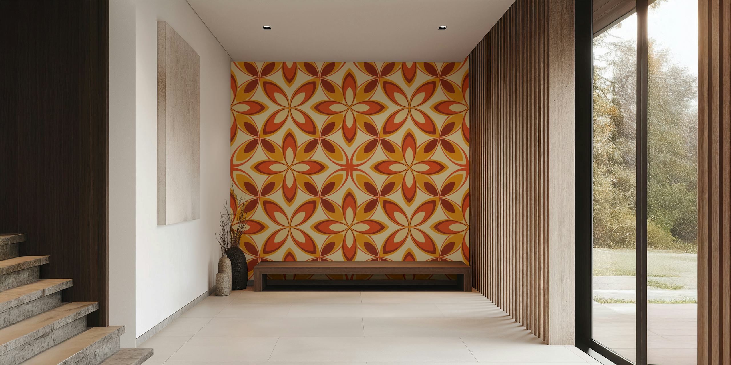 Mural de parede em estilo retro em tons quentes com padrão de flores entrelaçadas