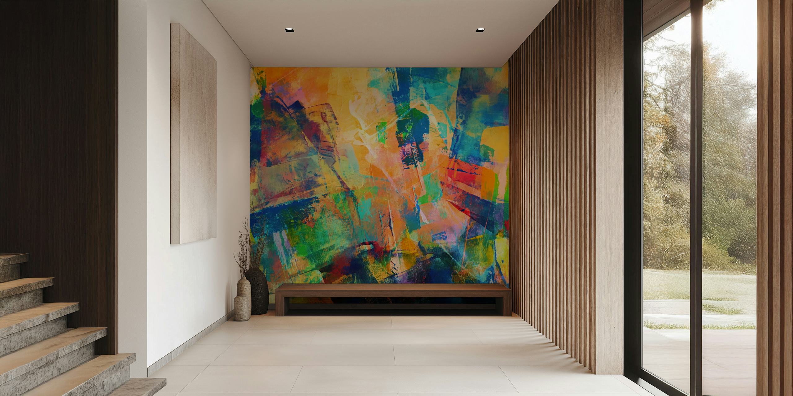 Colorful abstract brush strokes in various shades on wallpaper