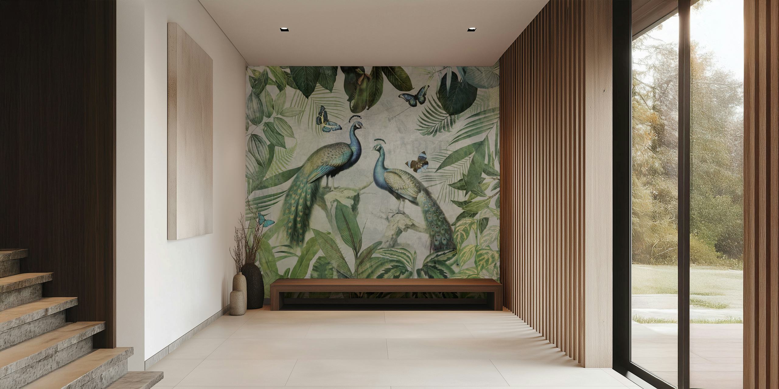 Paons exotiques, papillons et feuilles vertes, design tropical wallpaper