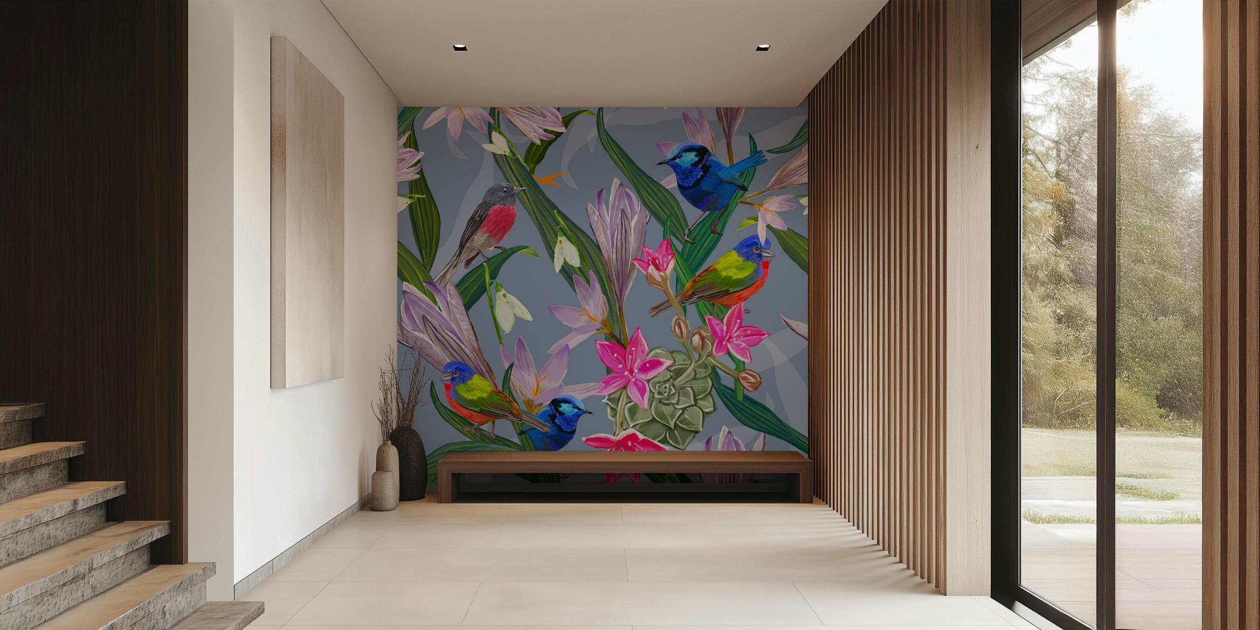 Colorful birds among flowers and leaves wallpaper