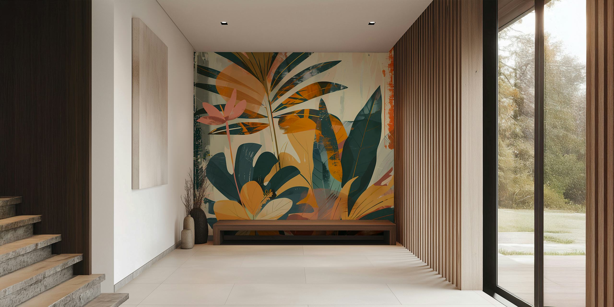 Barevná abstraktní nástěnná malba tropické zahrady s živými botanickými prvky