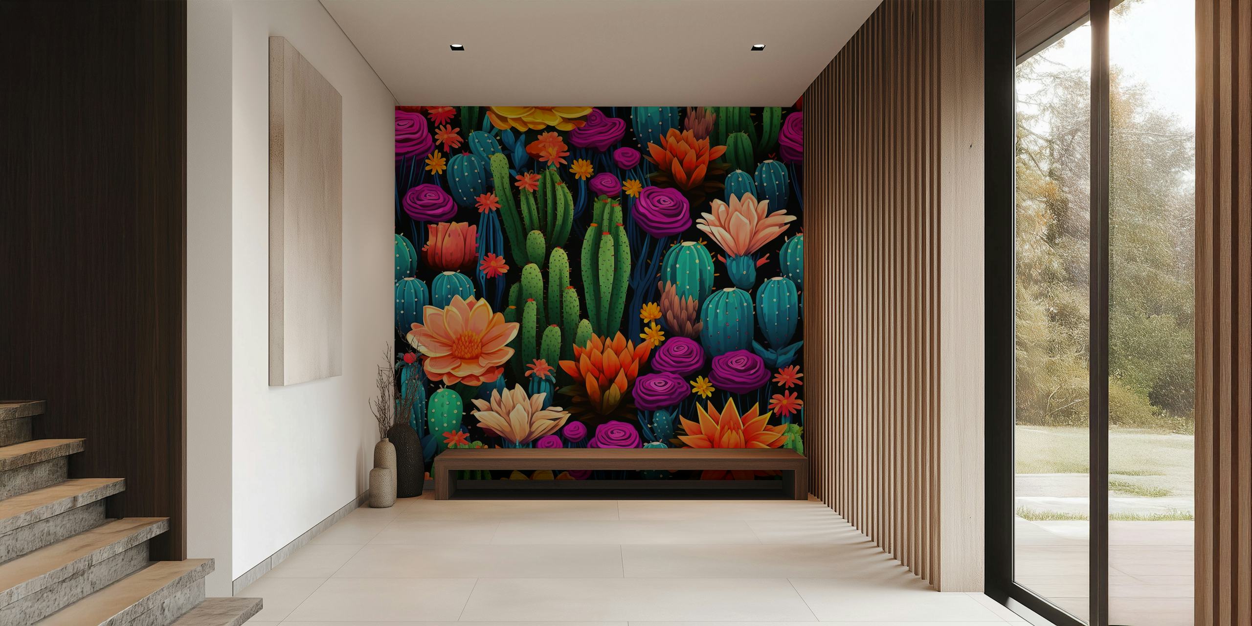 Colorful cacti and flowers wallpaper design
