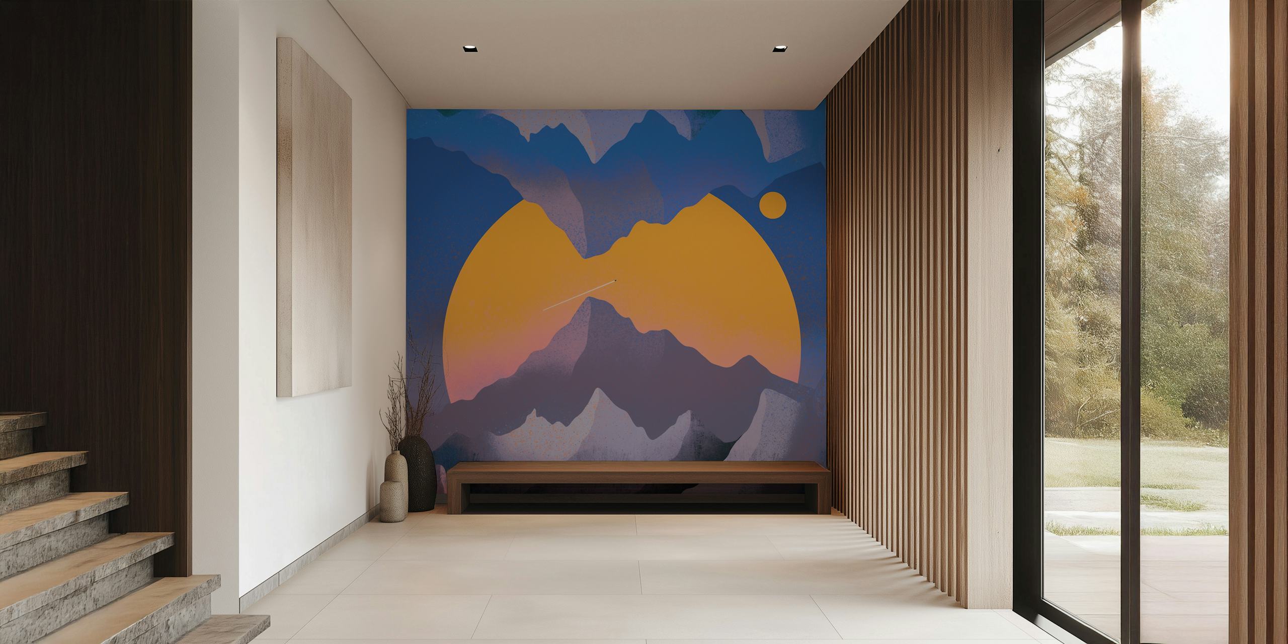 Abstract space-themed mural with mountains and stylized orange planet