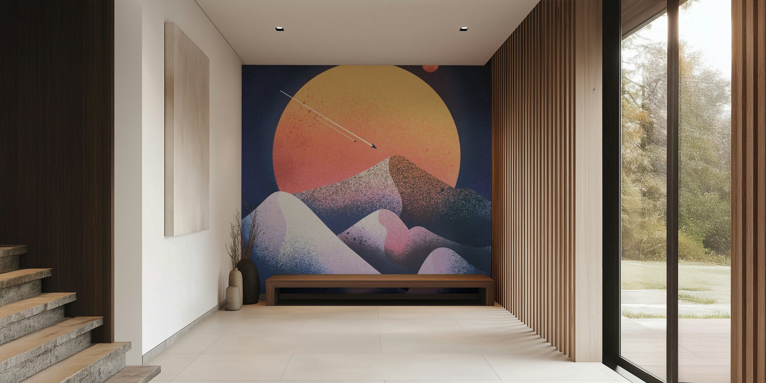 Abstract mountains with blue gradients and orange sun wallpaper