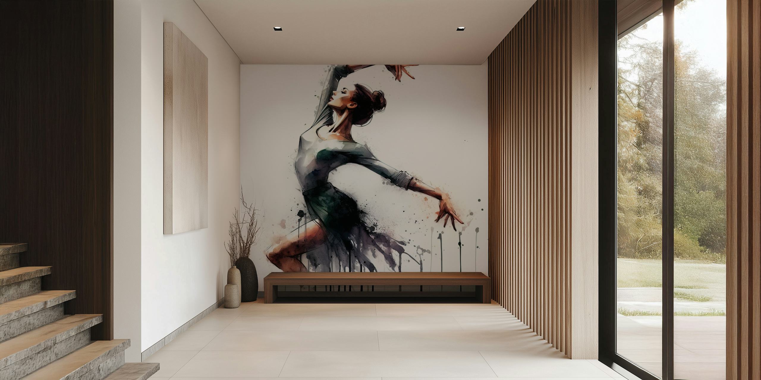 Artistic watercolor wall mural of a ballet dancer in motion