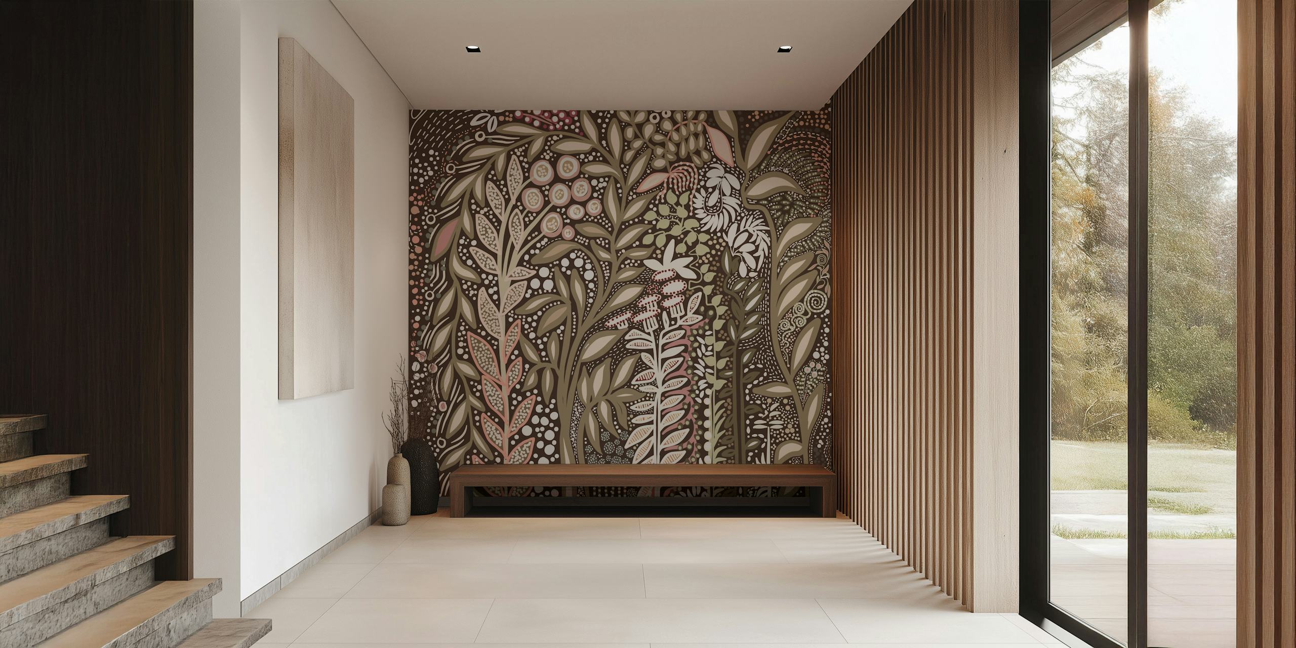 Floral patterns in earthy tones on brown background wallpaper