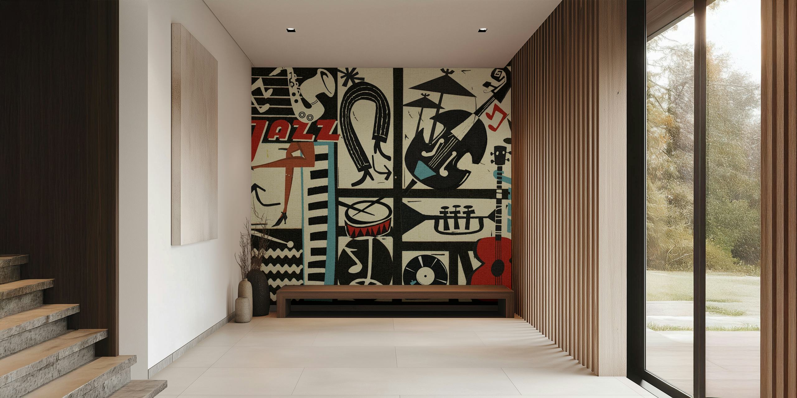 Musical instruments and notes in black and white wallpaper