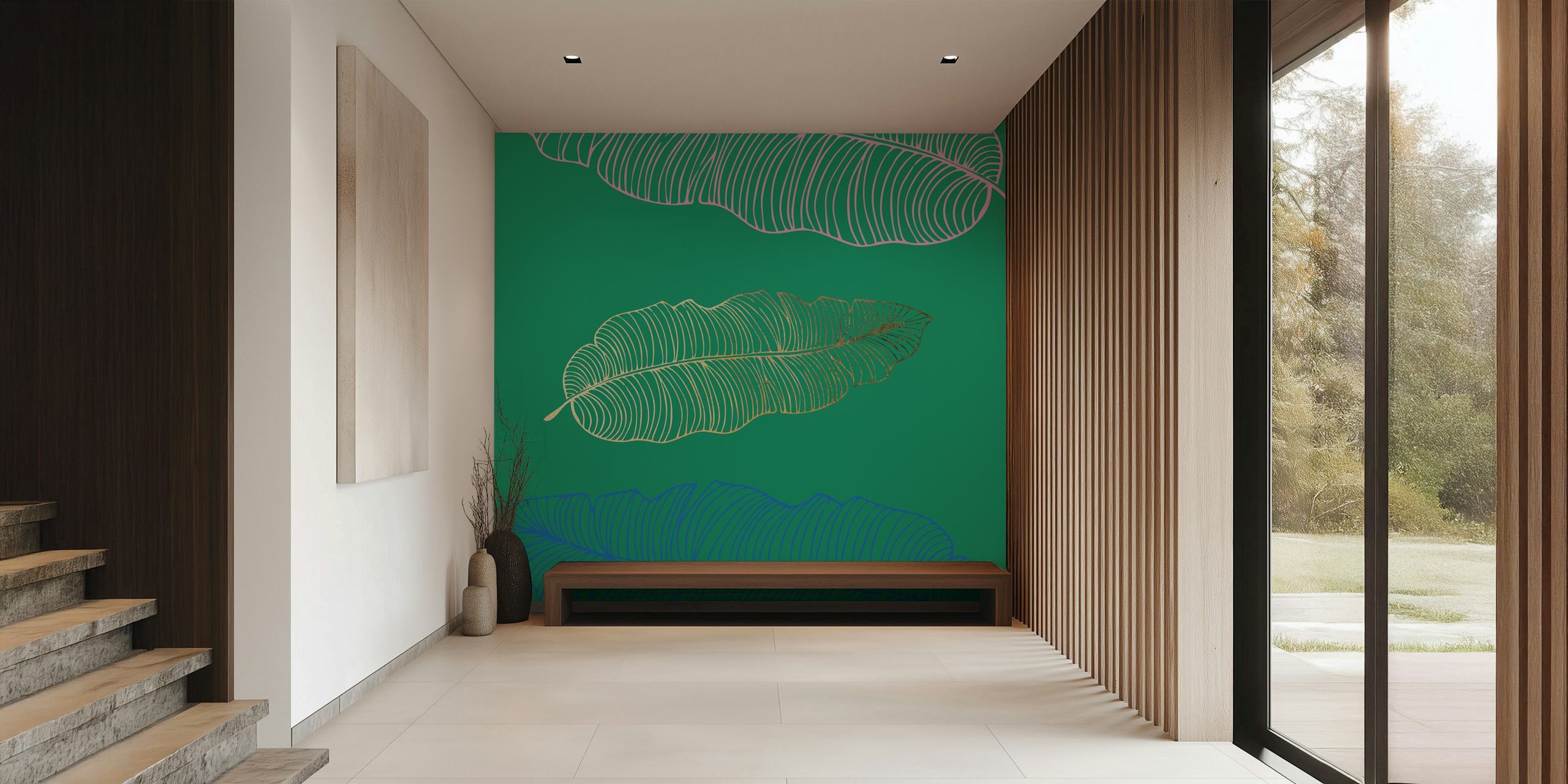 Jungle green palm leaves wallpaper in a room