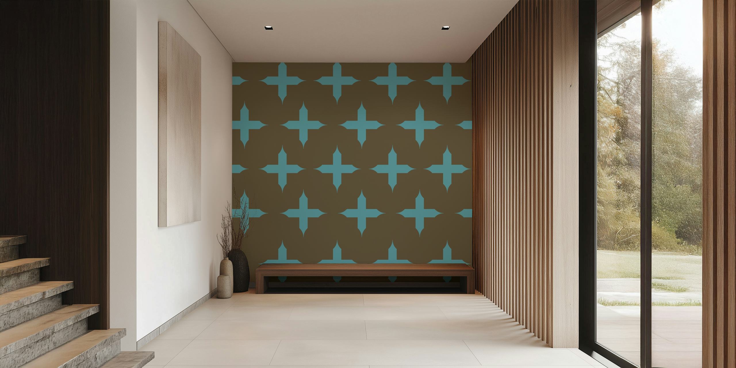 Olive green turquoise cross pattern wallpaper display