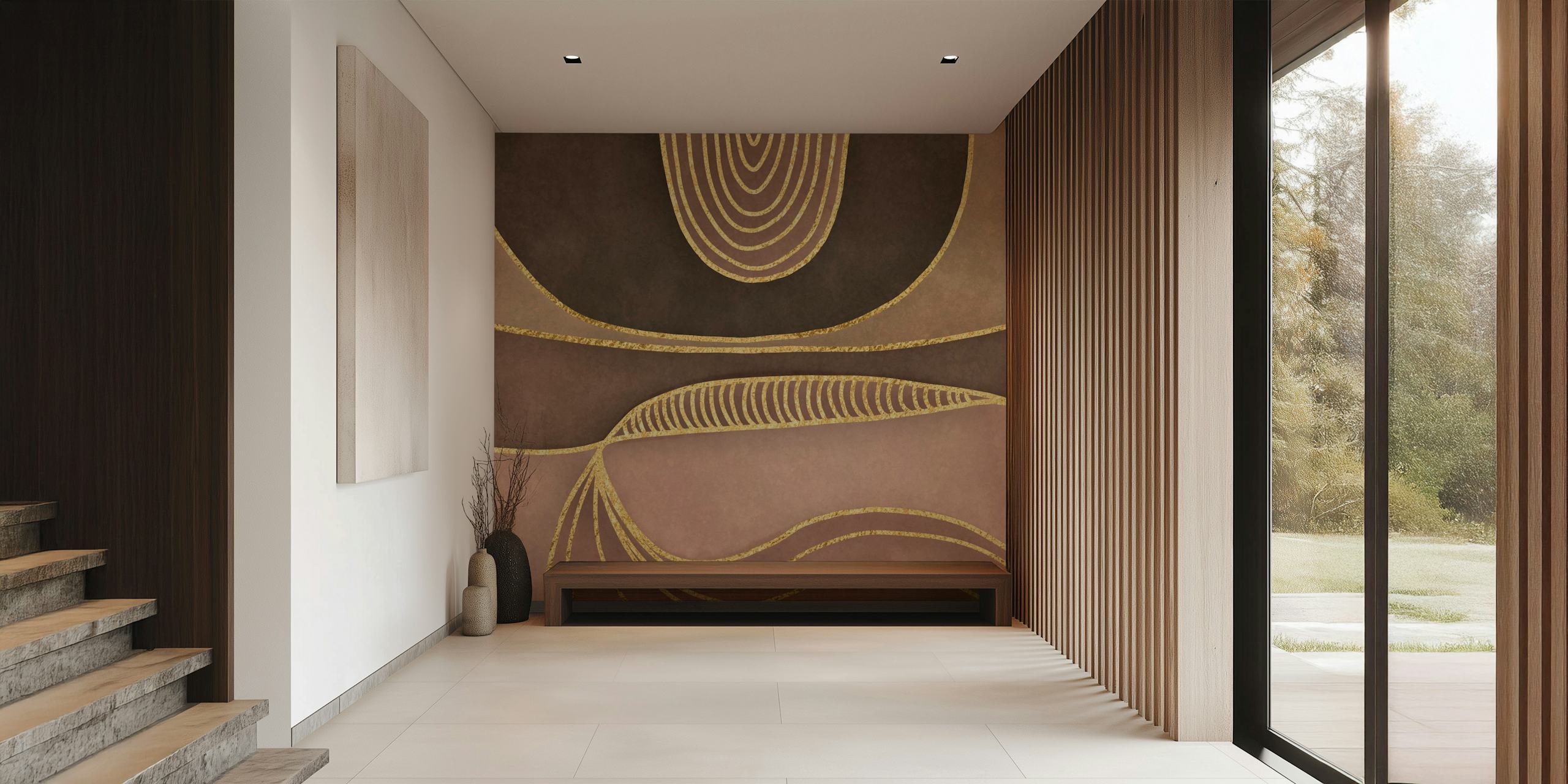 Αφηρημένη τοιχογραφία mid-century με καφέ και χρυσές Shapes