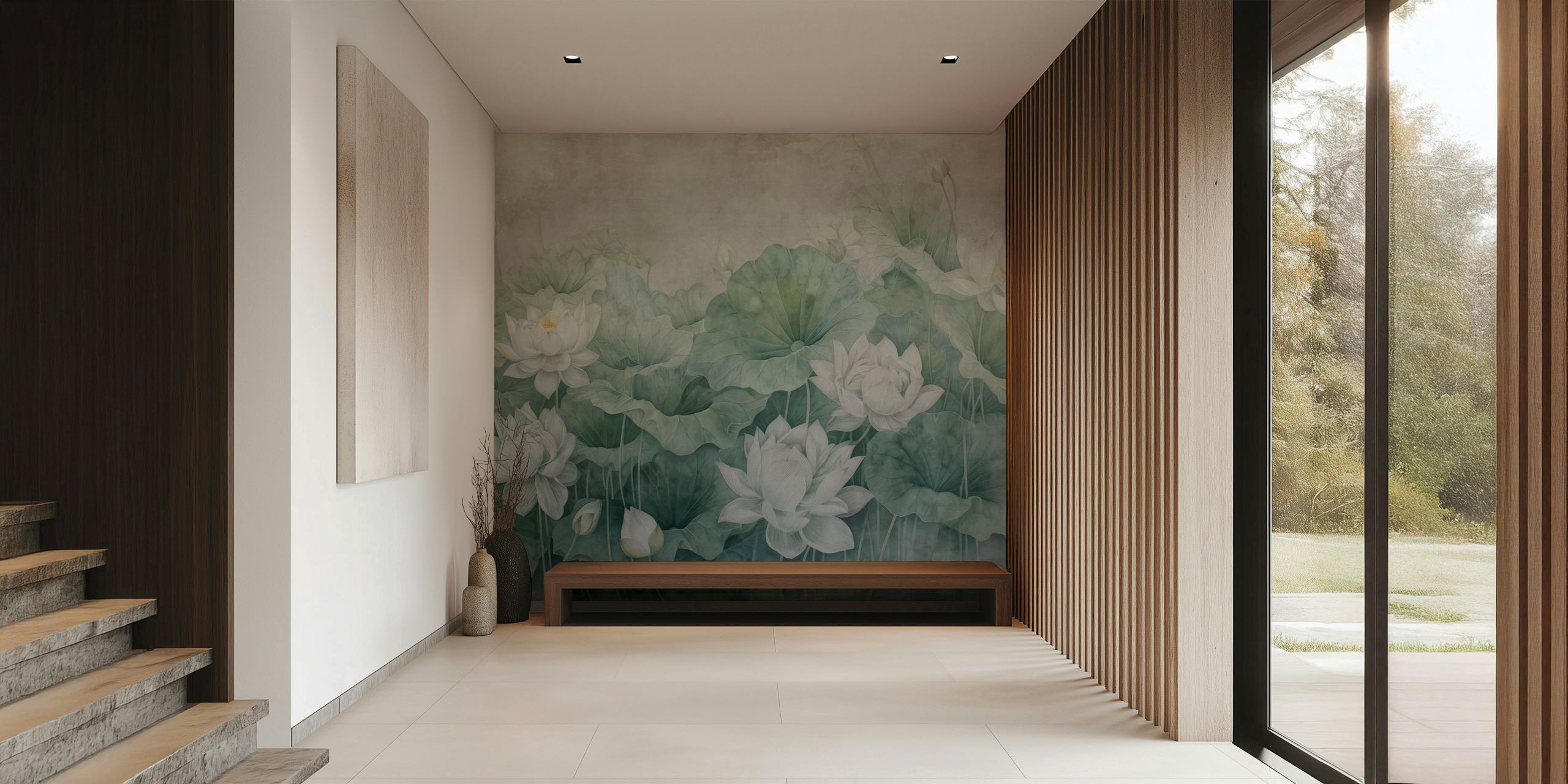 Emerald waterlily wallpaper in a room setting