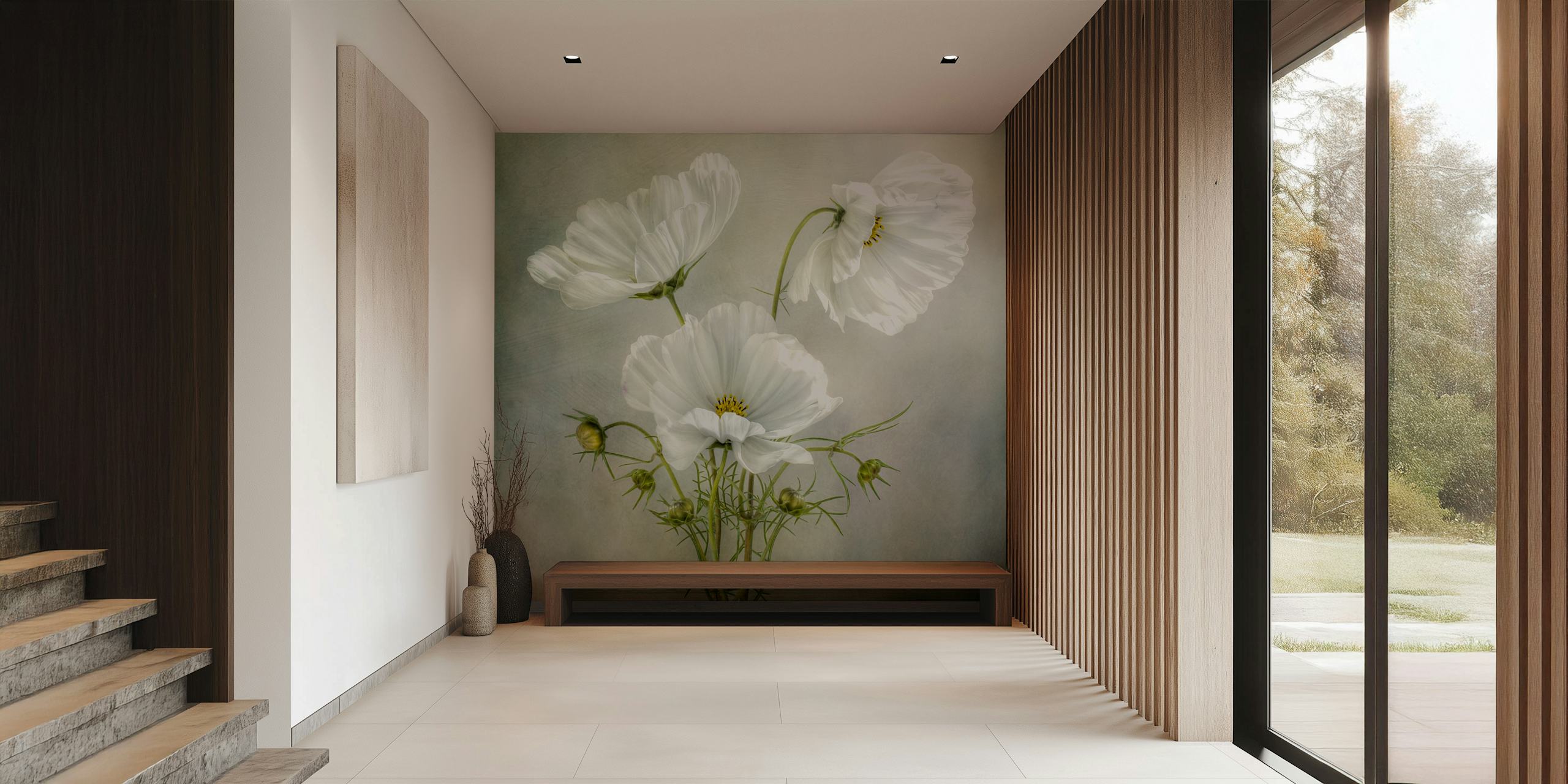 White floral design on muted background wallpaper