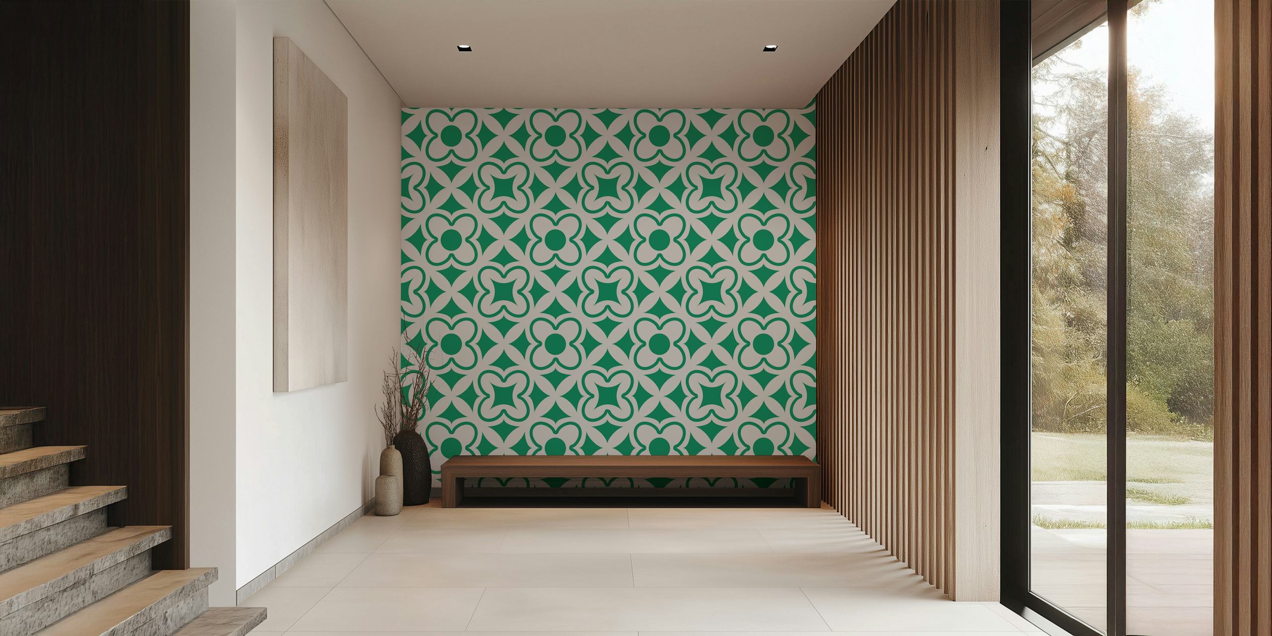 Turkish floral ornament wall mural featuring green and white geometric patterns
