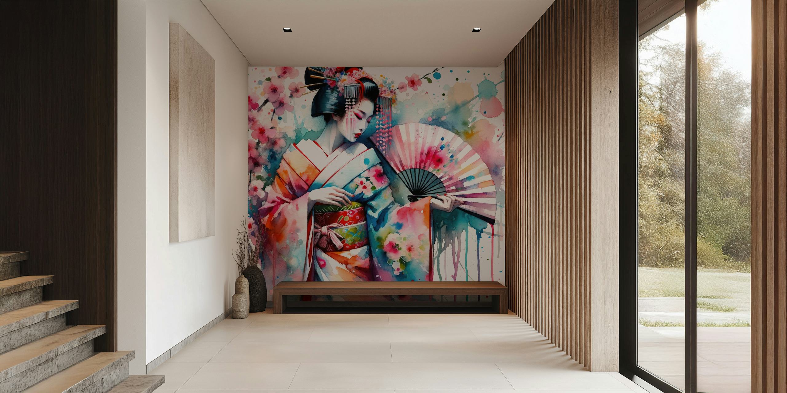 Papel tapiz Watercolor Geisha Dancer en una habitación