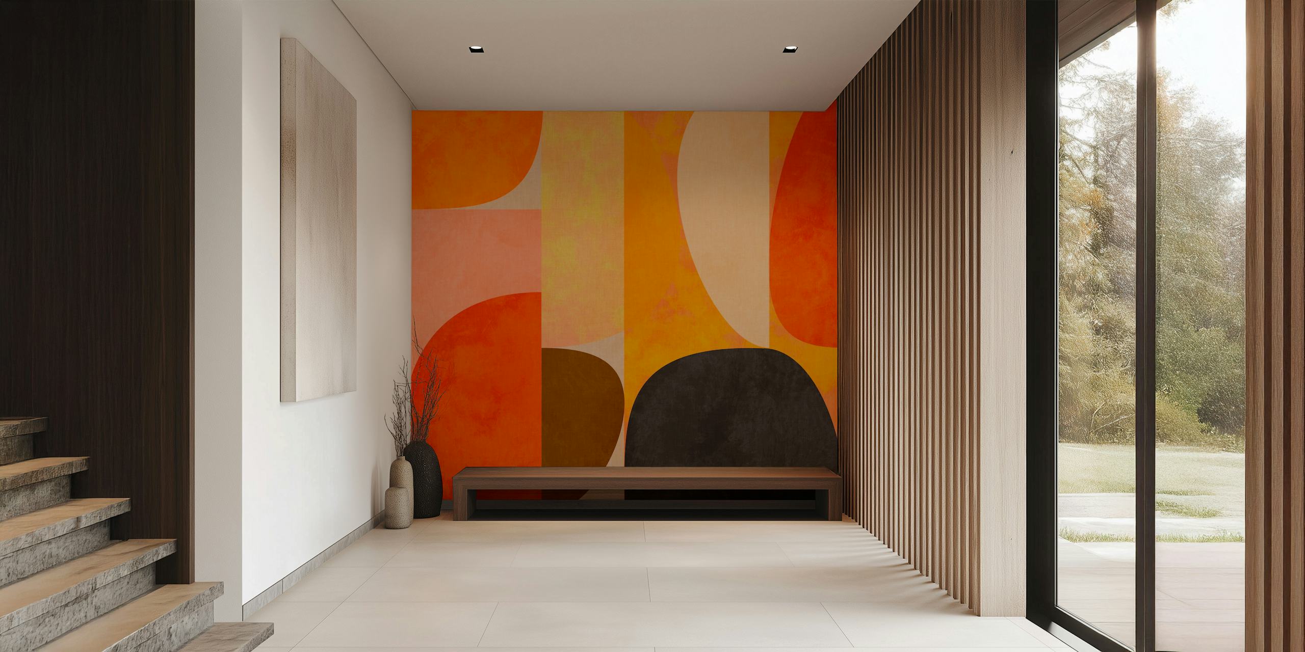 Abstract shapes in orange, black, and beige wallpaper